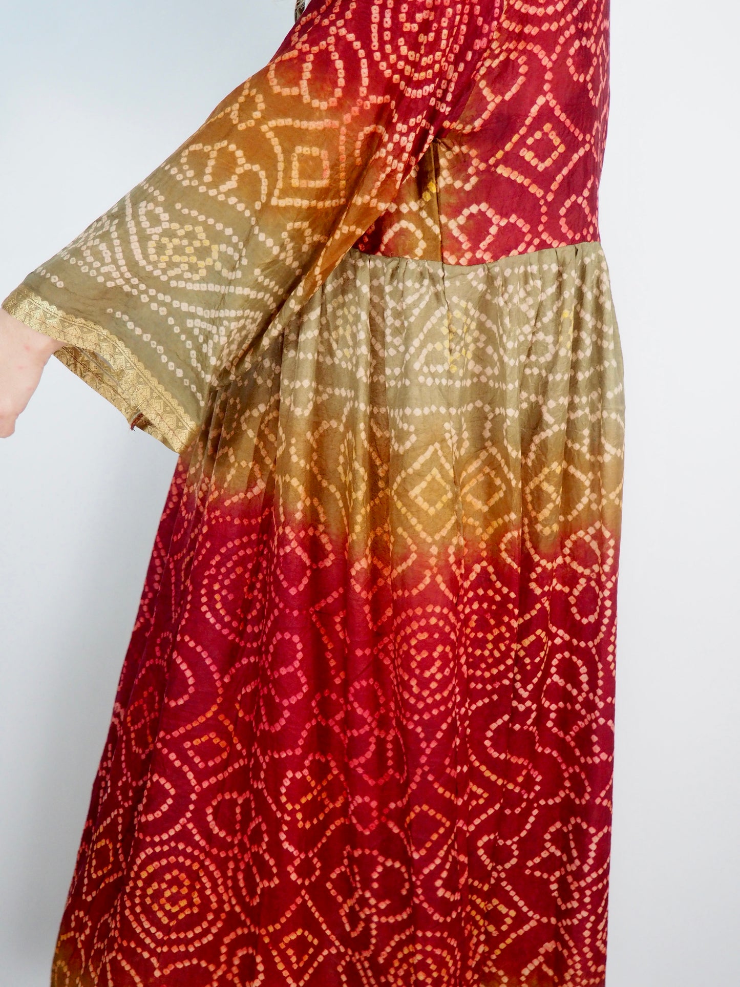 The Vadella Up-cycled Vintage Re-cycled Sari Maxi Dress – Sustainable Boho Dress with Tie Neck Detail + Matching Scrunchy & Bag