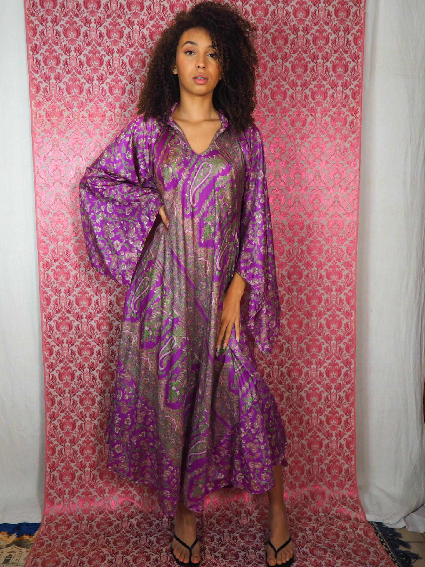 The Diamond Bias-Cut Maxi Dress – Up-cycled Vintage Sari Sustainable Dress with angel Sleeves + Matching Scrunchy & Bag