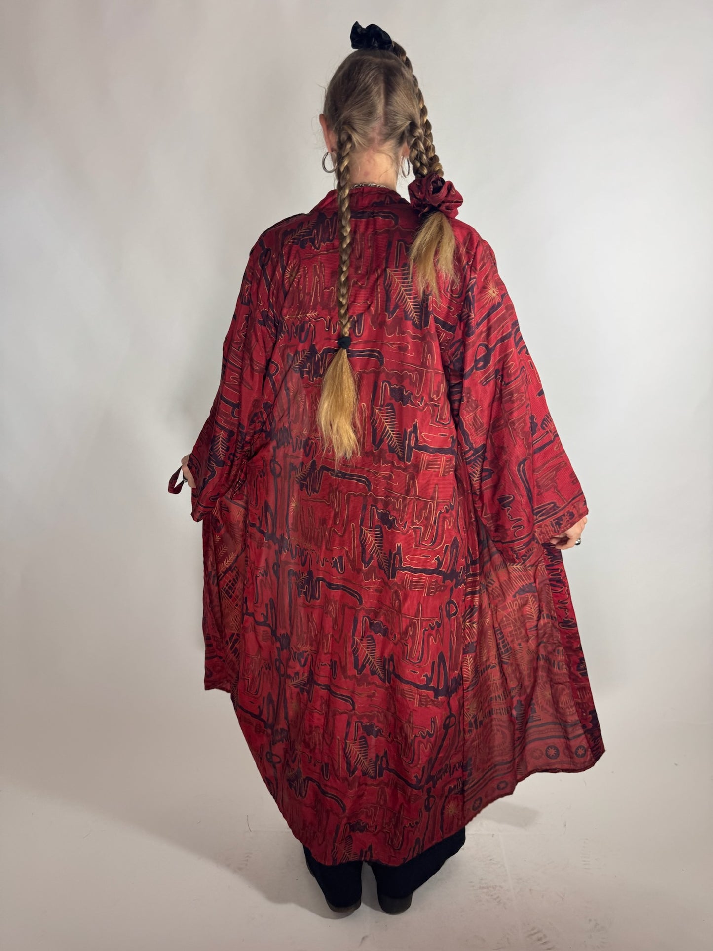 The Kardash Long Kimono – Up-cycled Vintage Sari long Kimono Robe with Waist Tie + Matching Scrunchy & Storage Bag