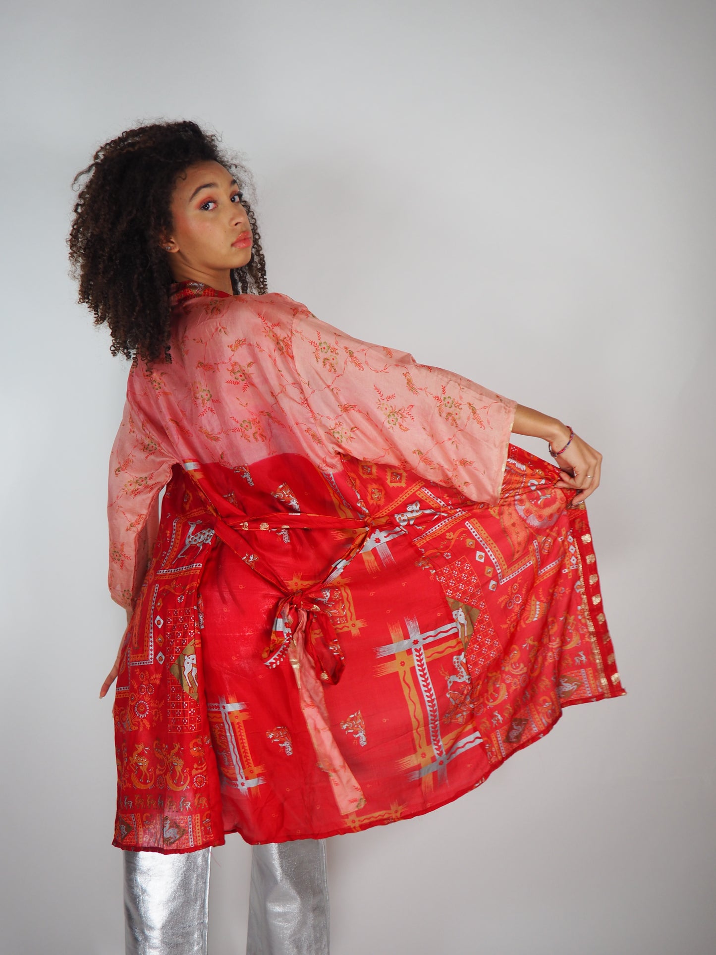 The Kardash Medium-Length Kimono – Up-cycled Vintage Sari Sustainable Kimono Jacket with Waist Tie + Matching Scrunchy & Storage Bag