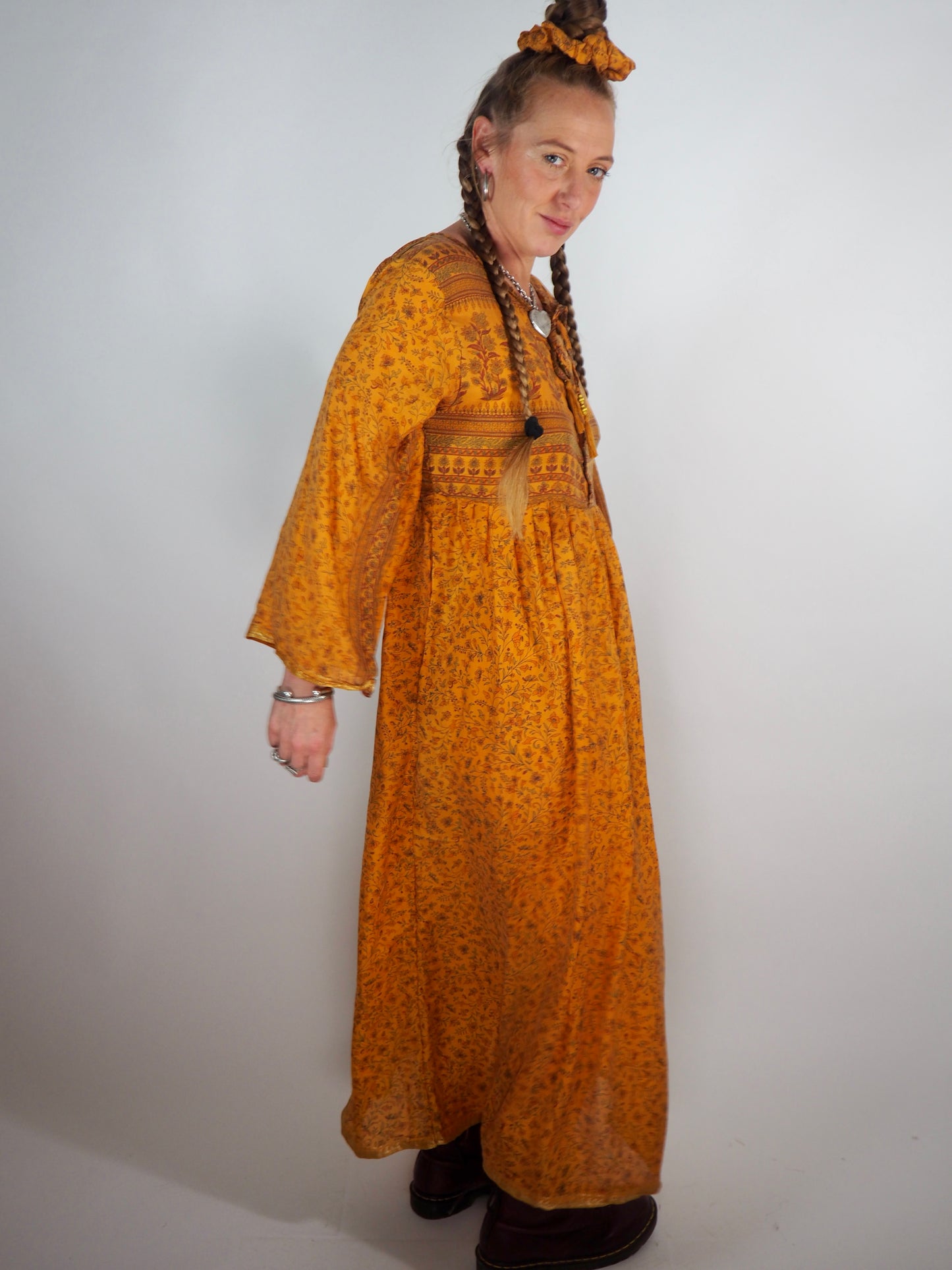 The Vadella Up-cycled Vintage Re-cycled Sari Maxi Dress – Sustainable Boho Dress with Tie Neck Detail + Matching Scrunchy & Bag