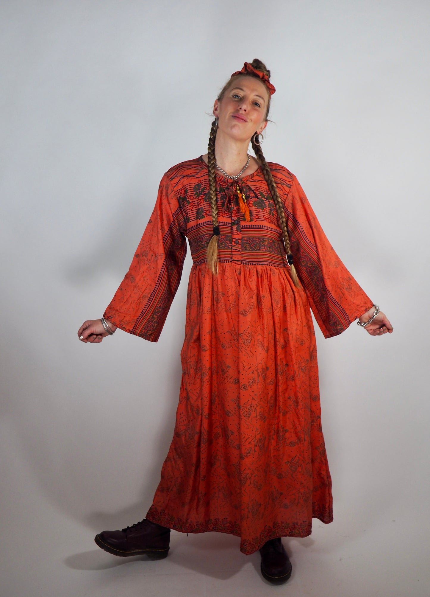 The Vadella Up-cycled Vintage Re-cycled Sari Maxi Dress – Sustainable Boho Dress with Tie Neck Detail + Matching Scrunchy & Bag