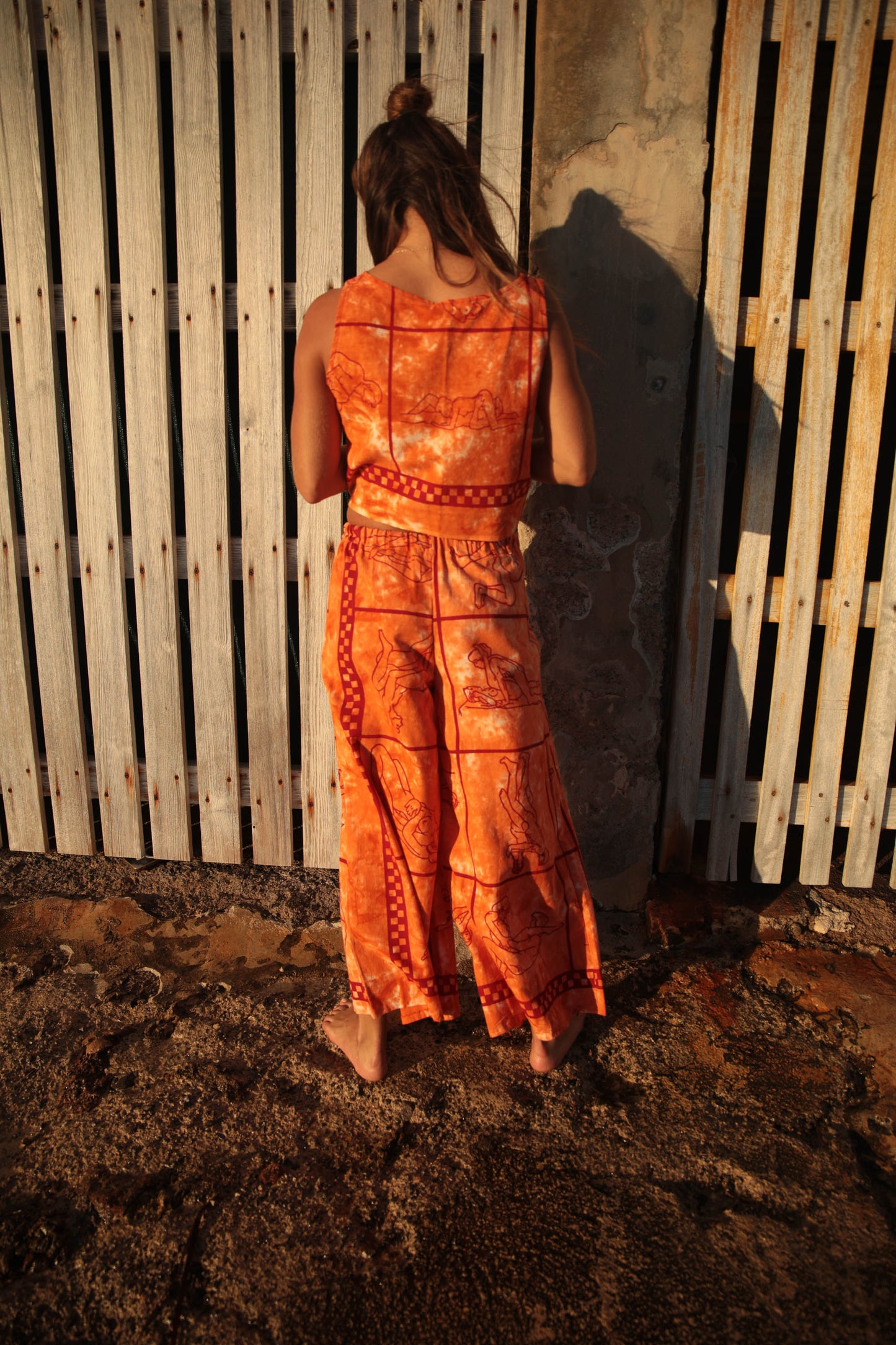 Up-cycled vintage cotton 3 piece set top and pants and mid length kimono cover up with printed karma sutra design in bright orange