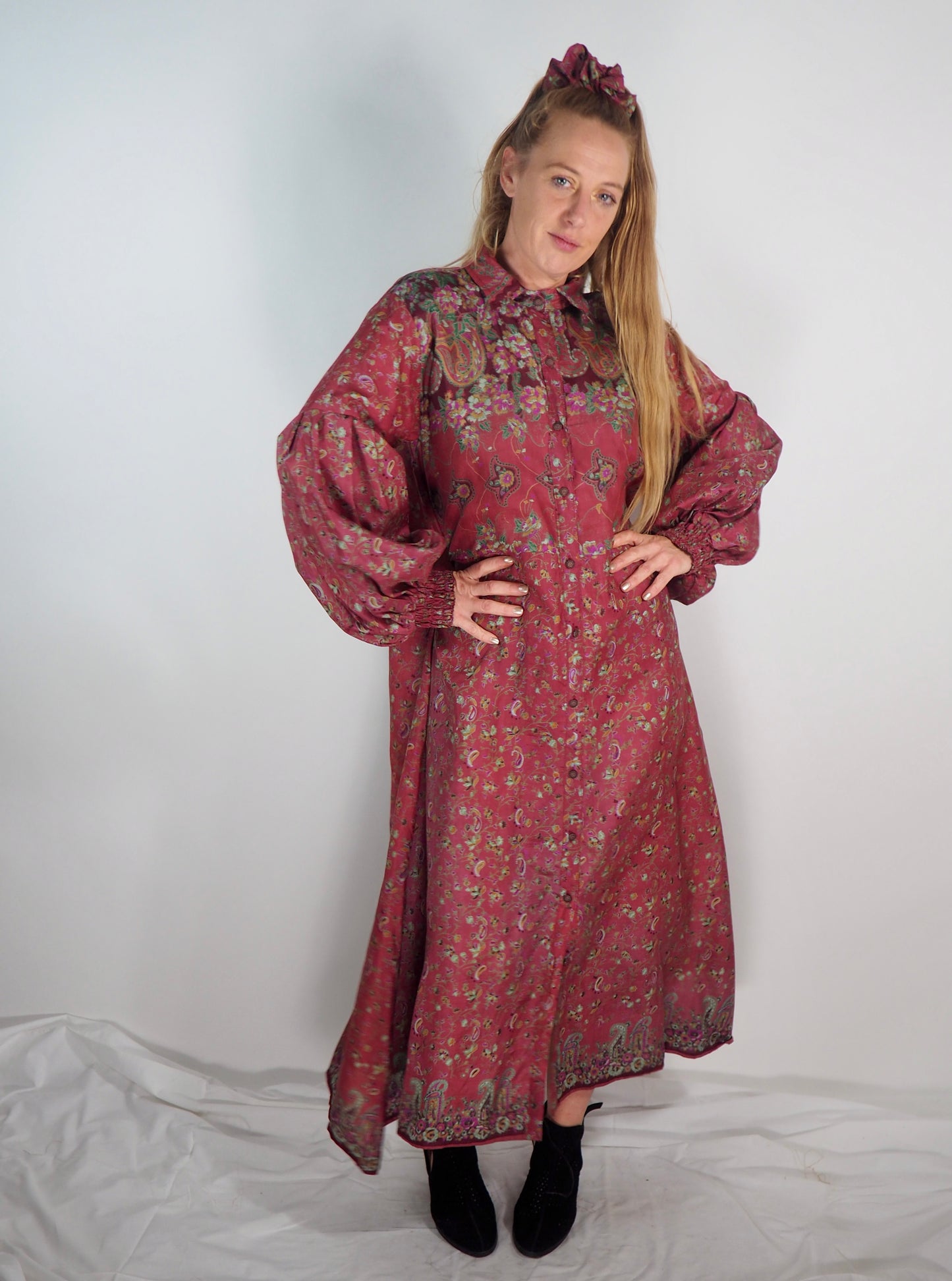 The Lenya Up-cycled Vintage Sari Dress – Sustainable Boho Dress with Oversized Sleeves Matching Scrunchy & Storage Bag