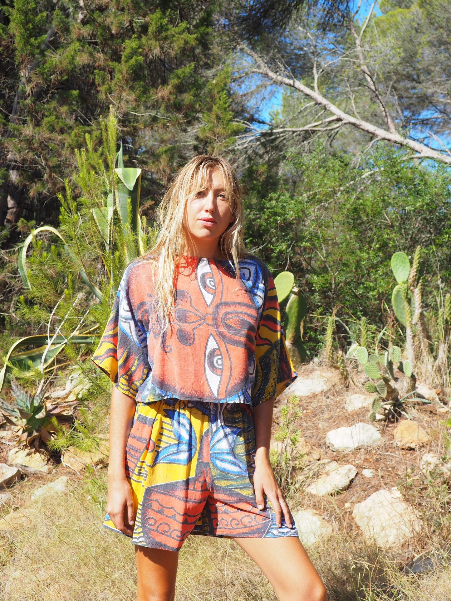 Up-cycled cotton Top with face red blue and yellow print up-cycled by Vagabond Ibiza