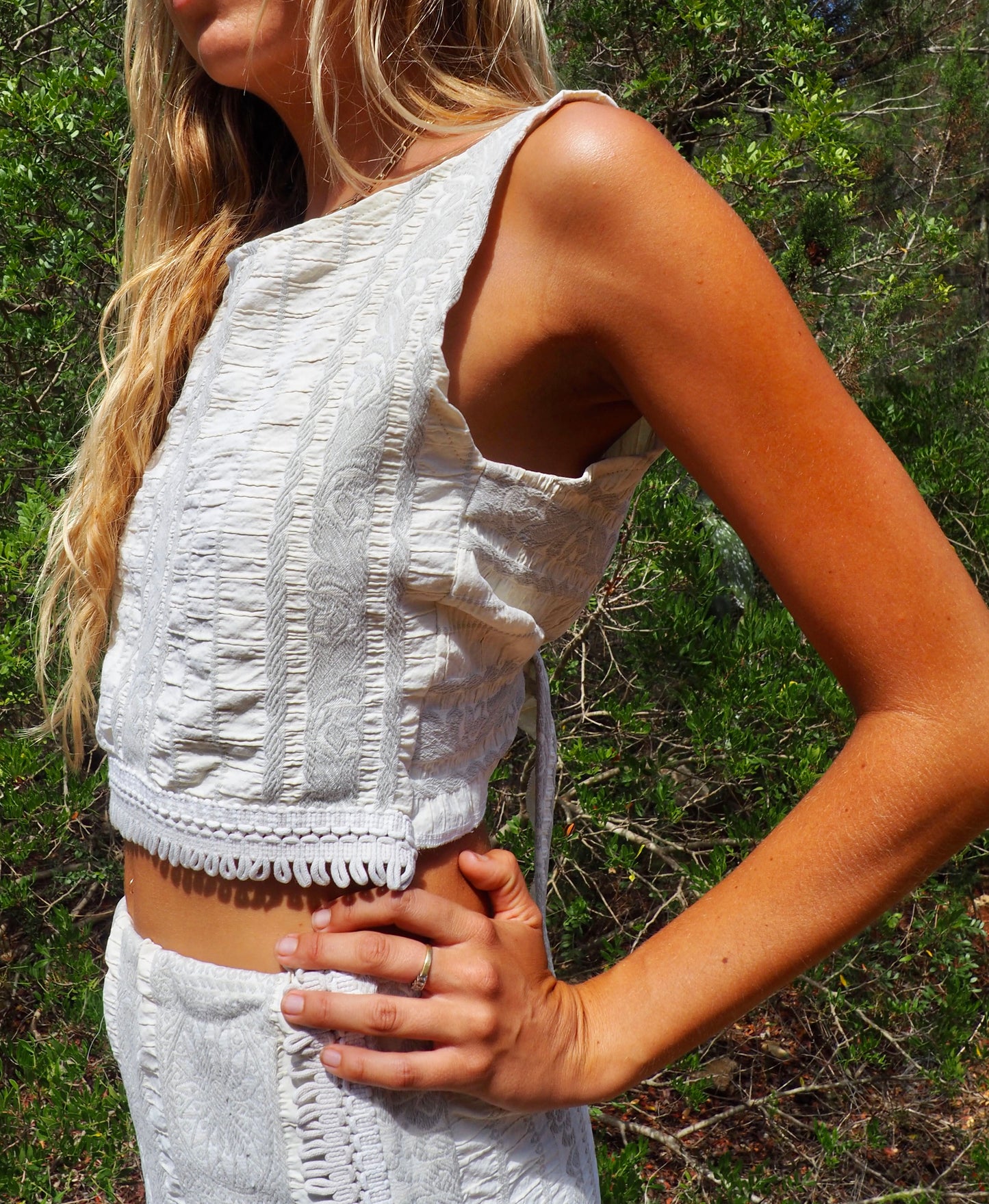 Up-cycled heavy cream and gray cotton woven textile reversible crop top for 2 different styles made by Vagabond Ibiza