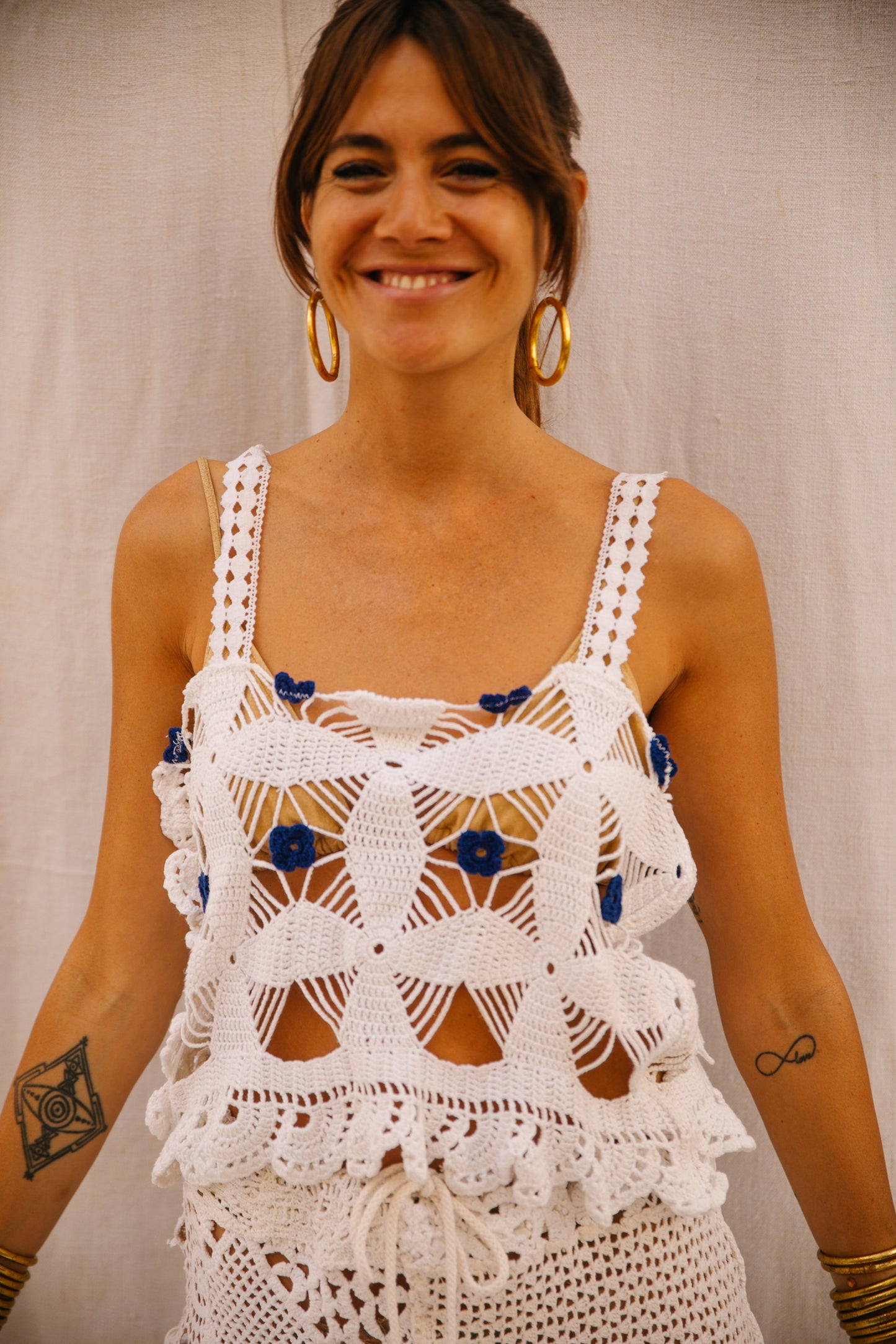 Up-cycled Crochet Top with Blue Flower Details – Handmade by Vagabond Ibiza