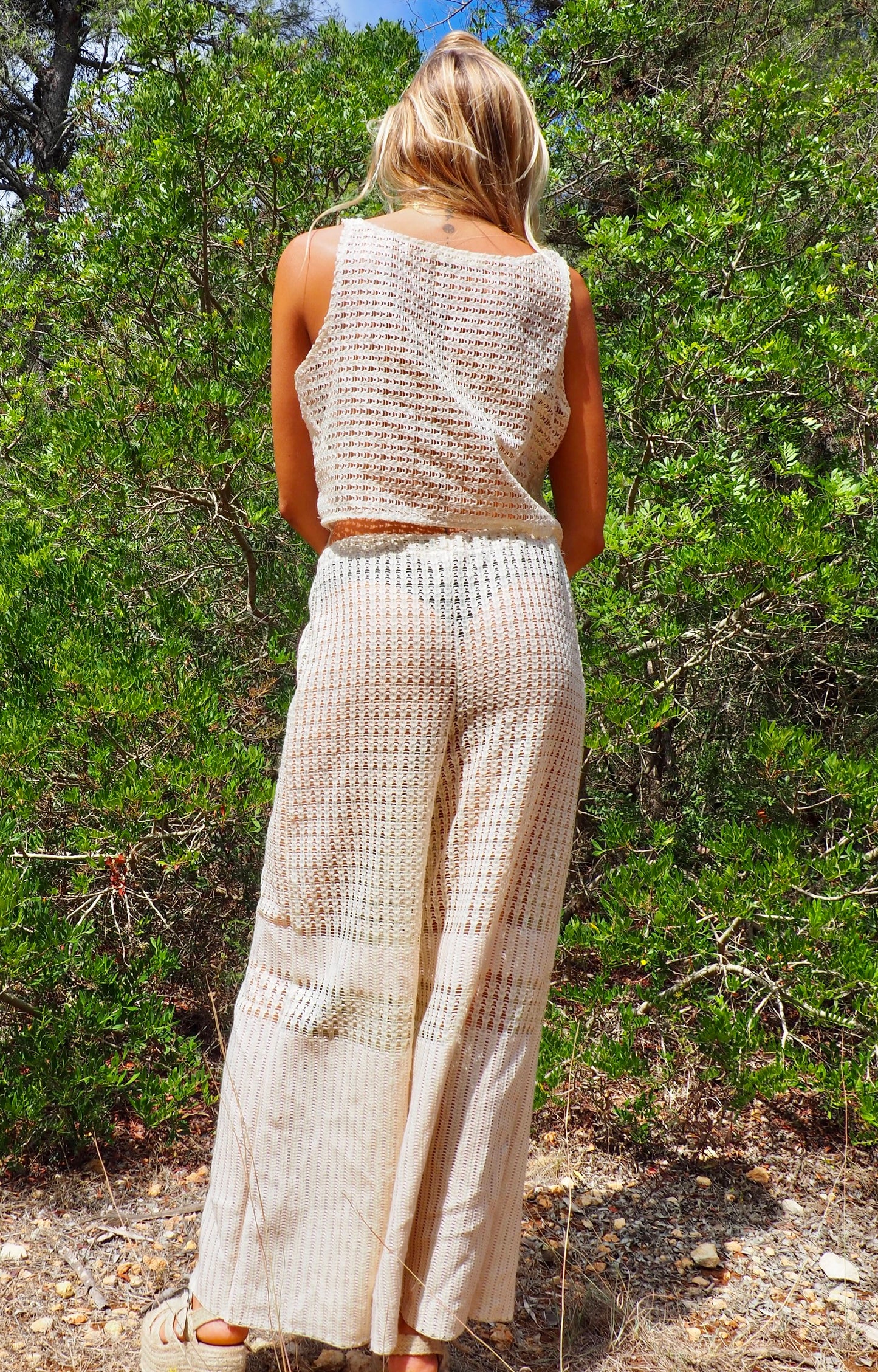 Up-cycled cream mesh woven shear crop top vest by Vagabond Ibiza