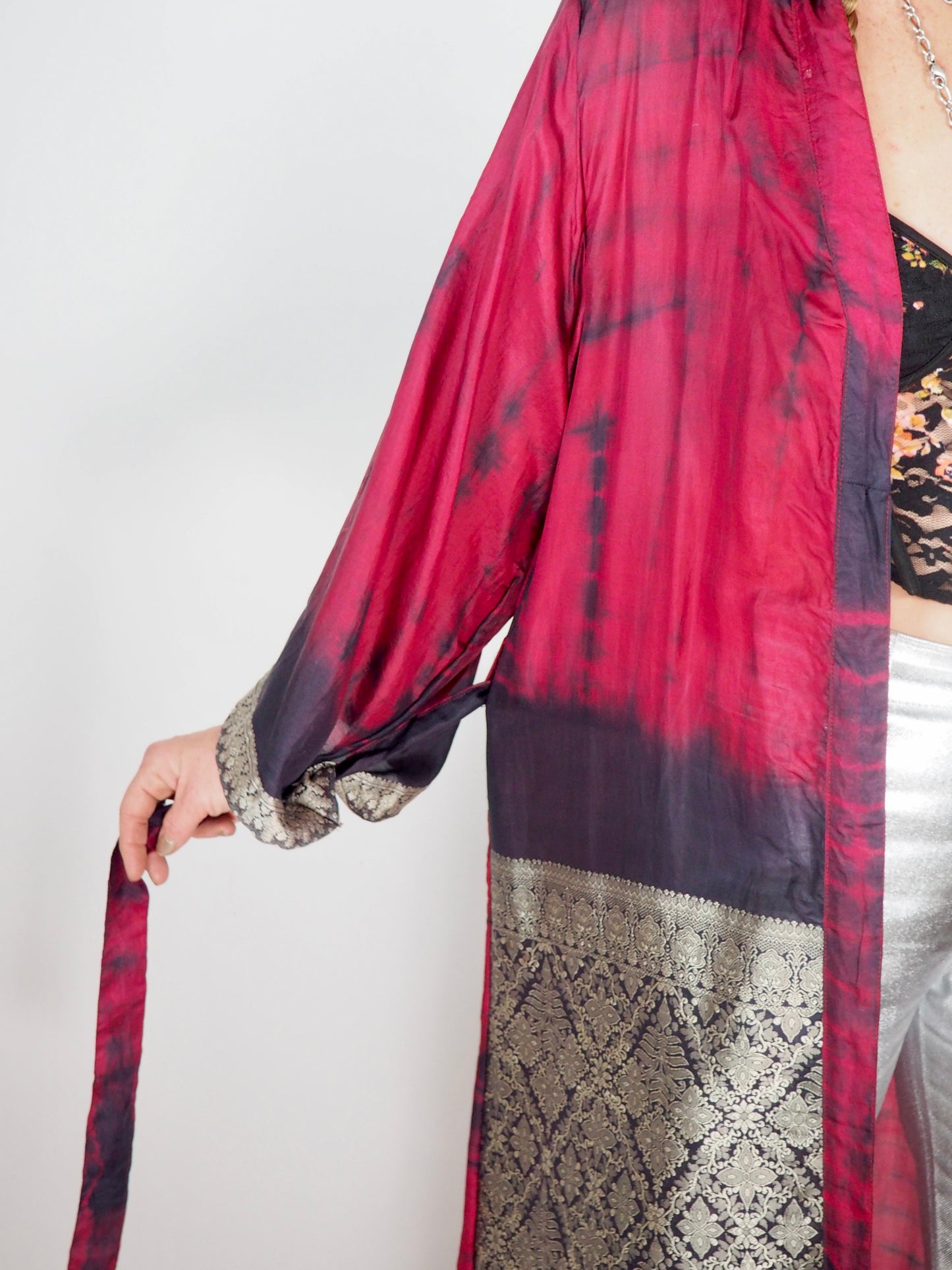 The Kardash Long Kimono – Up-cycled Vintage Sari long Kimono Robe with Waist Tie + Matching Scrunchy & Storage Bag