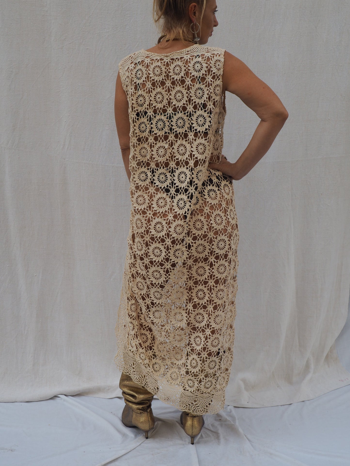 Creamy gold vintage crochet up-cycle long beach cover up with side split Ibiza party dress made by Vagabond Ibiza