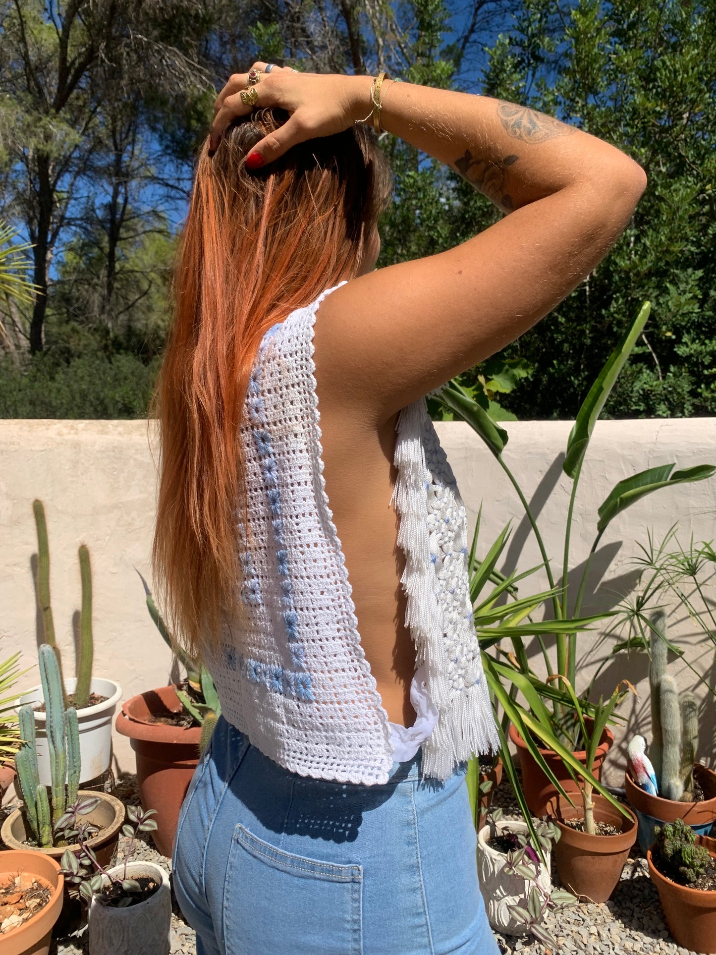 Reversals up-cycled white and baby blue crochet top by Vagabond Ibiza