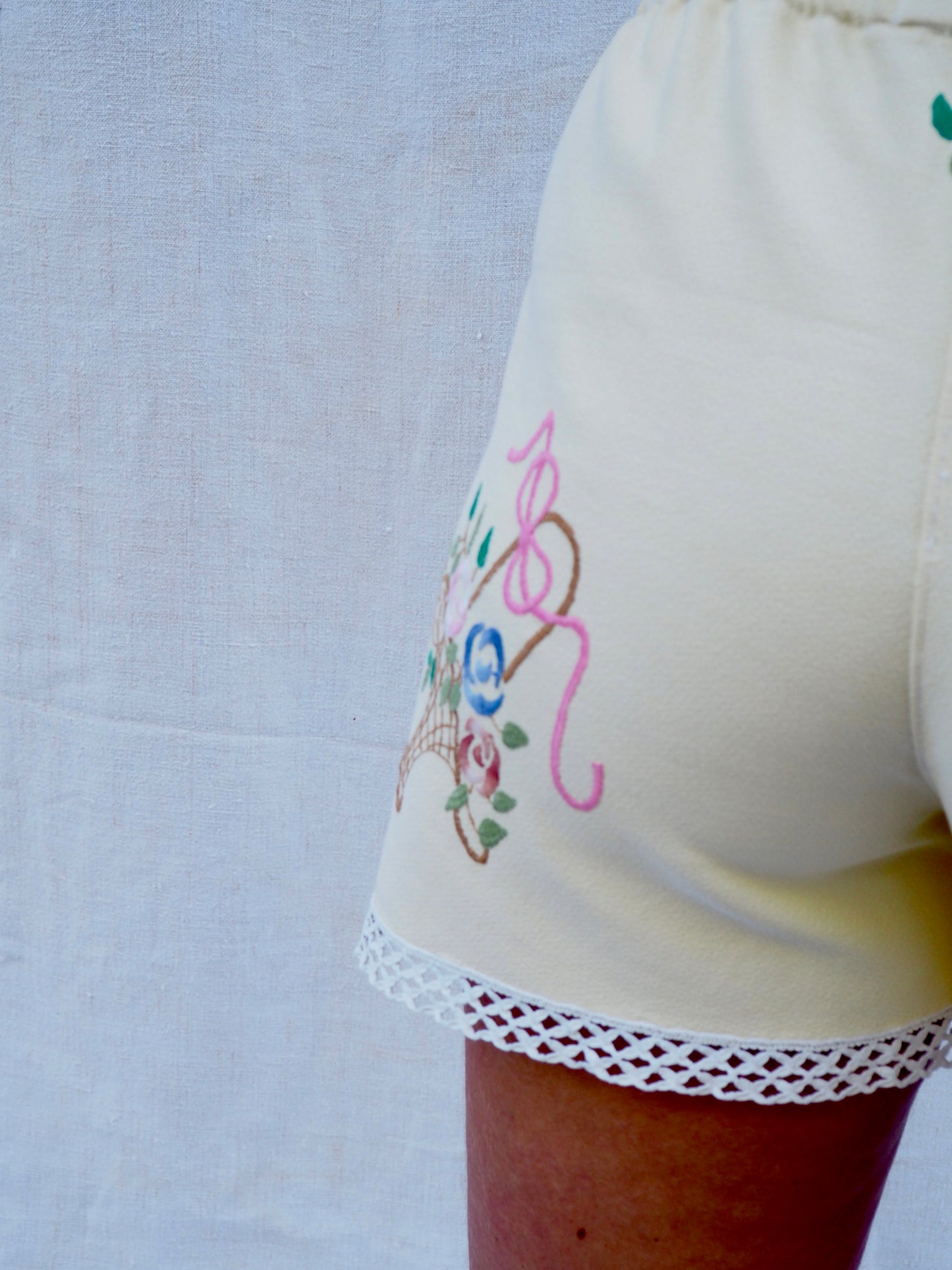 Up-cycled Vintage 1950s Hand-Embroidered Floral Shorts – Handmade by Vagabond Ibiza