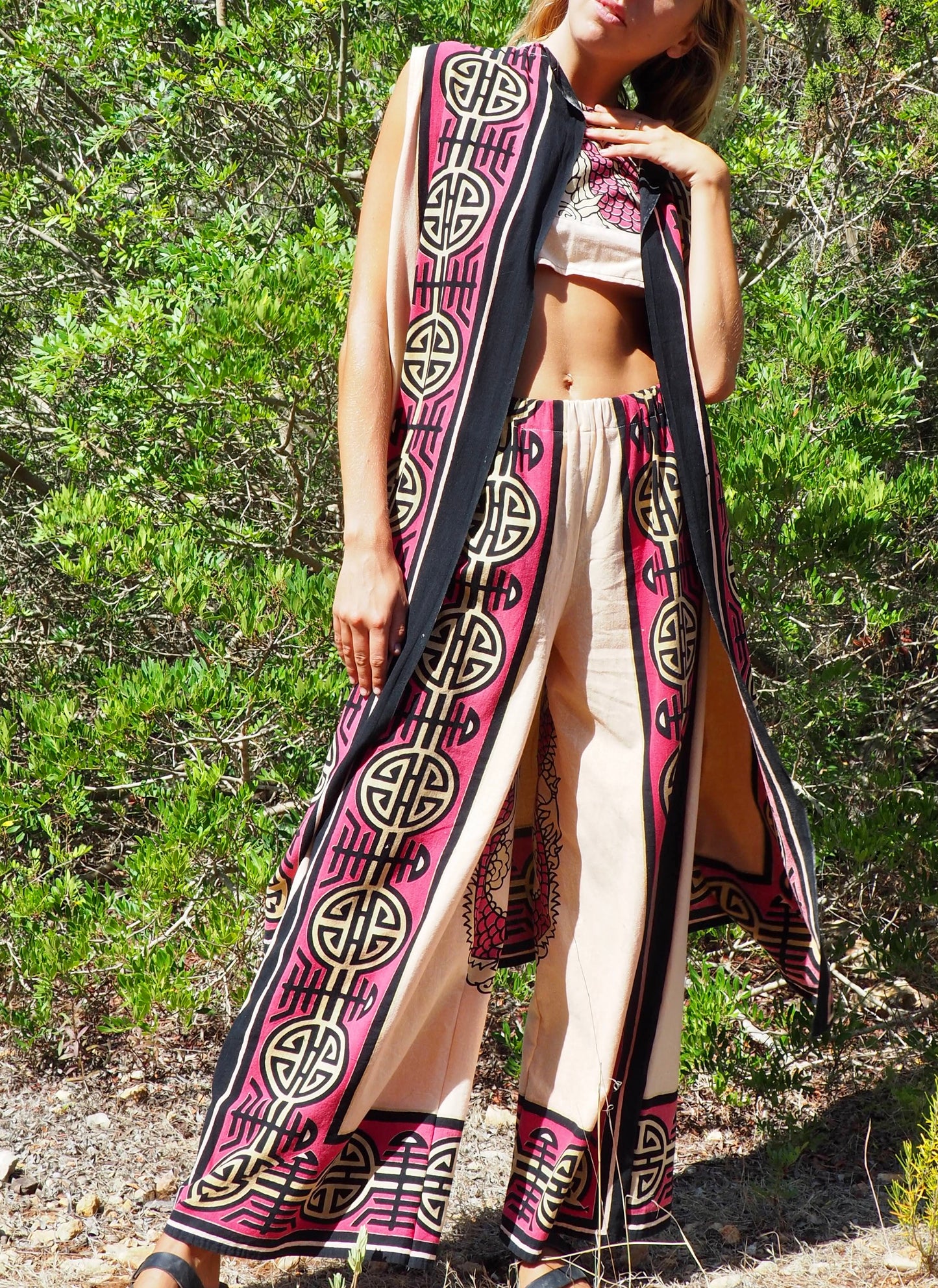 Up-cycled cotton long kimono waistcoat in pink and cream with dragon design and circular motifs by Vagabond Ibiza