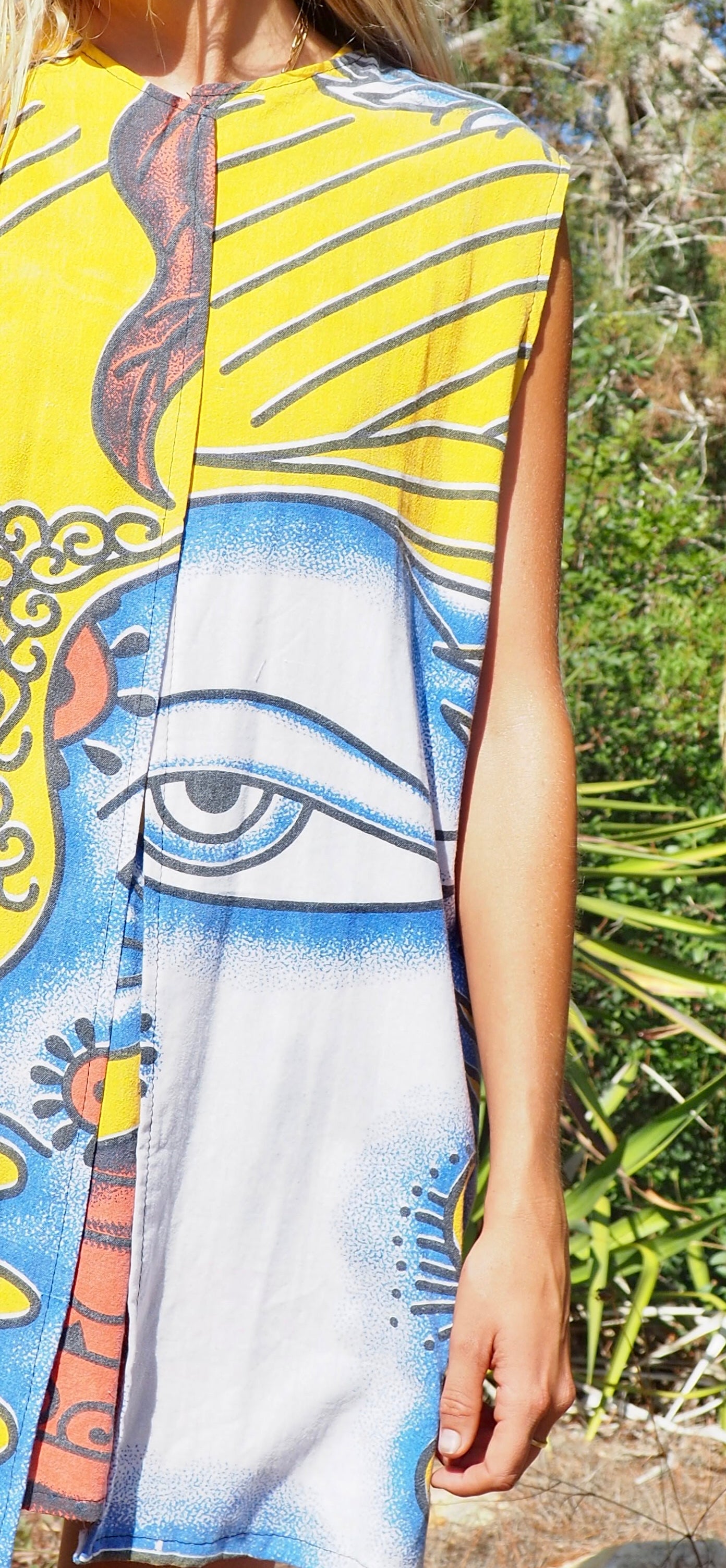 Up-cycled cotton funky bright colourful printed long waistcoat by Vagabond Ibiza