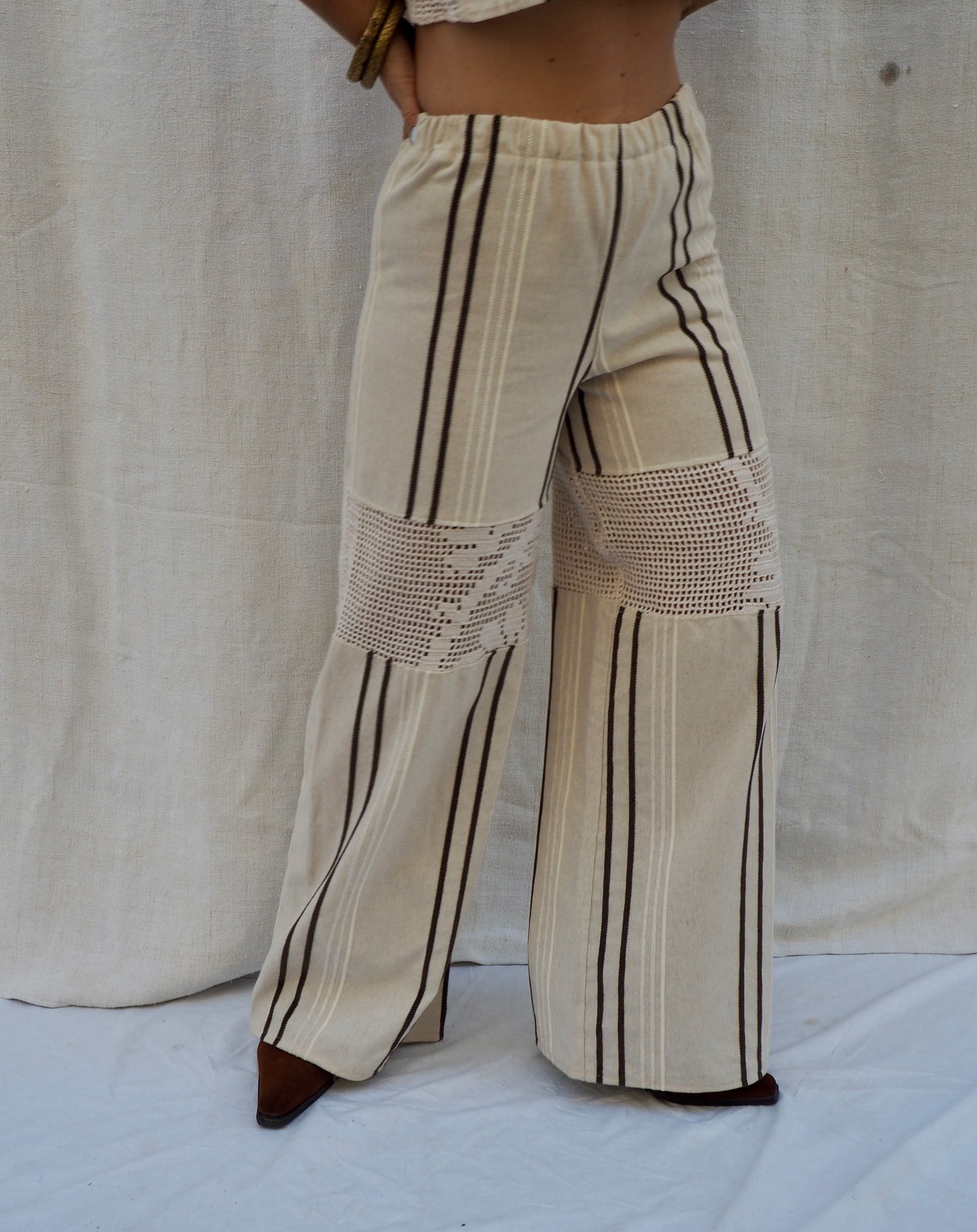 Up-cycled Vintage Linen & Crochet Patchwork Pants – Handmade by Vagabond Ibiza