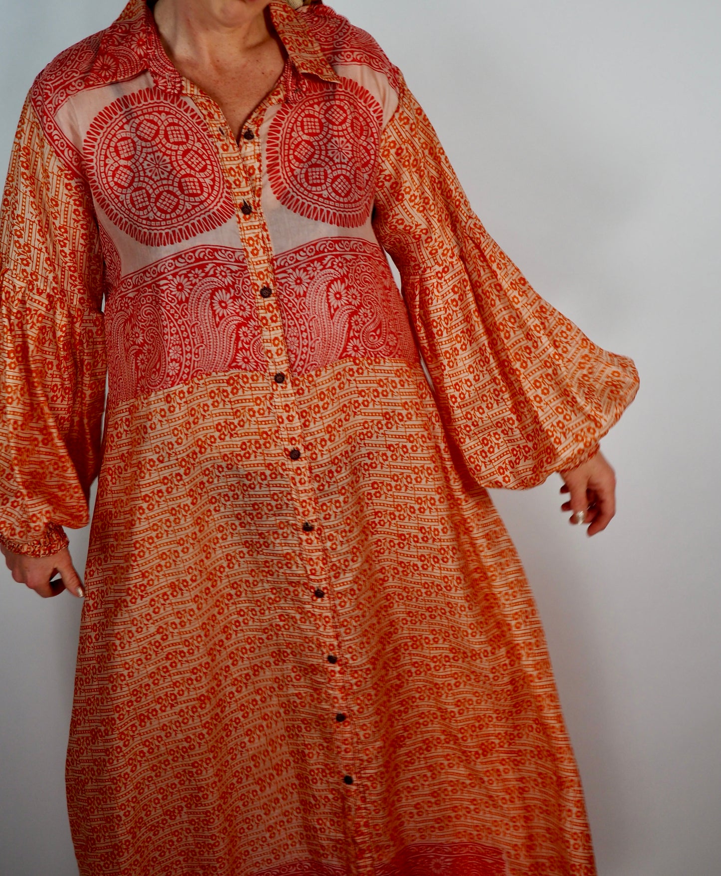 The Lenya Up-cycled Vintage Sari Dress – Sustainable Boho Dress with Oversized Sleeves Matching Scrunchy & Storage Bag