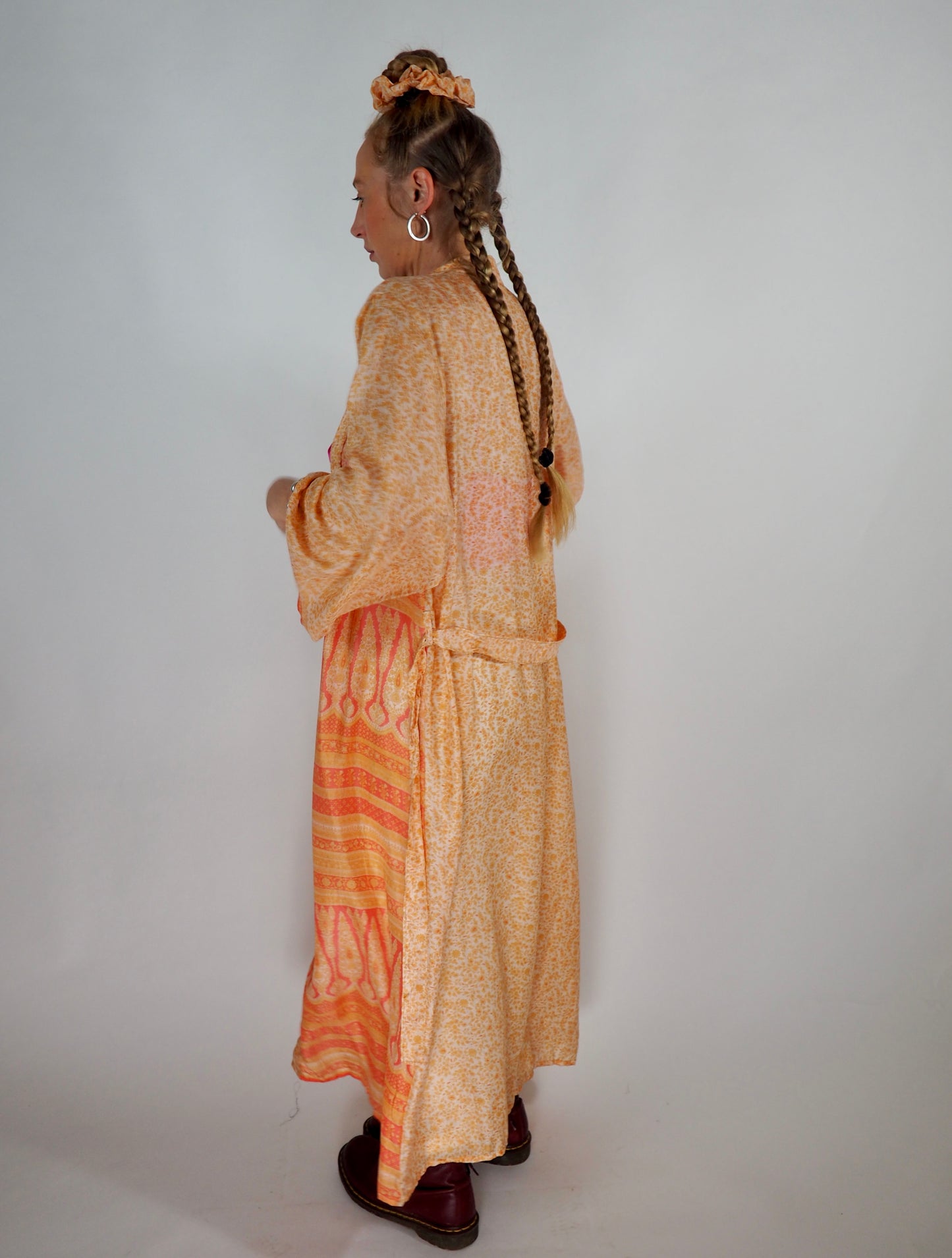 The Kardash Long Kimono – Up-cycled Vintage Sari long Kimono Robe with Waist Tie + Matching Scrunchy & Storage Bag