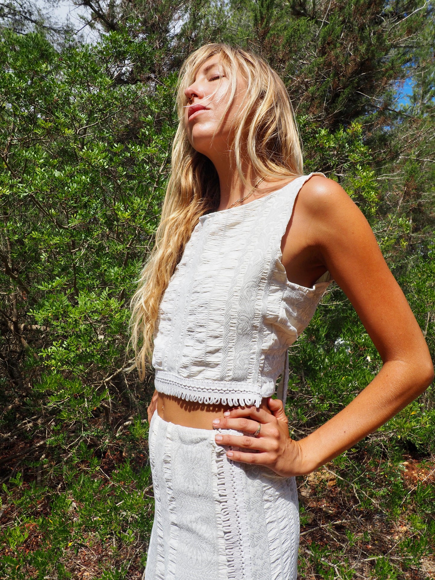 Up-cycled heavy cream and gray cotton woven textile reversible crop top for 2 different styles made by Vagabond Ibiza