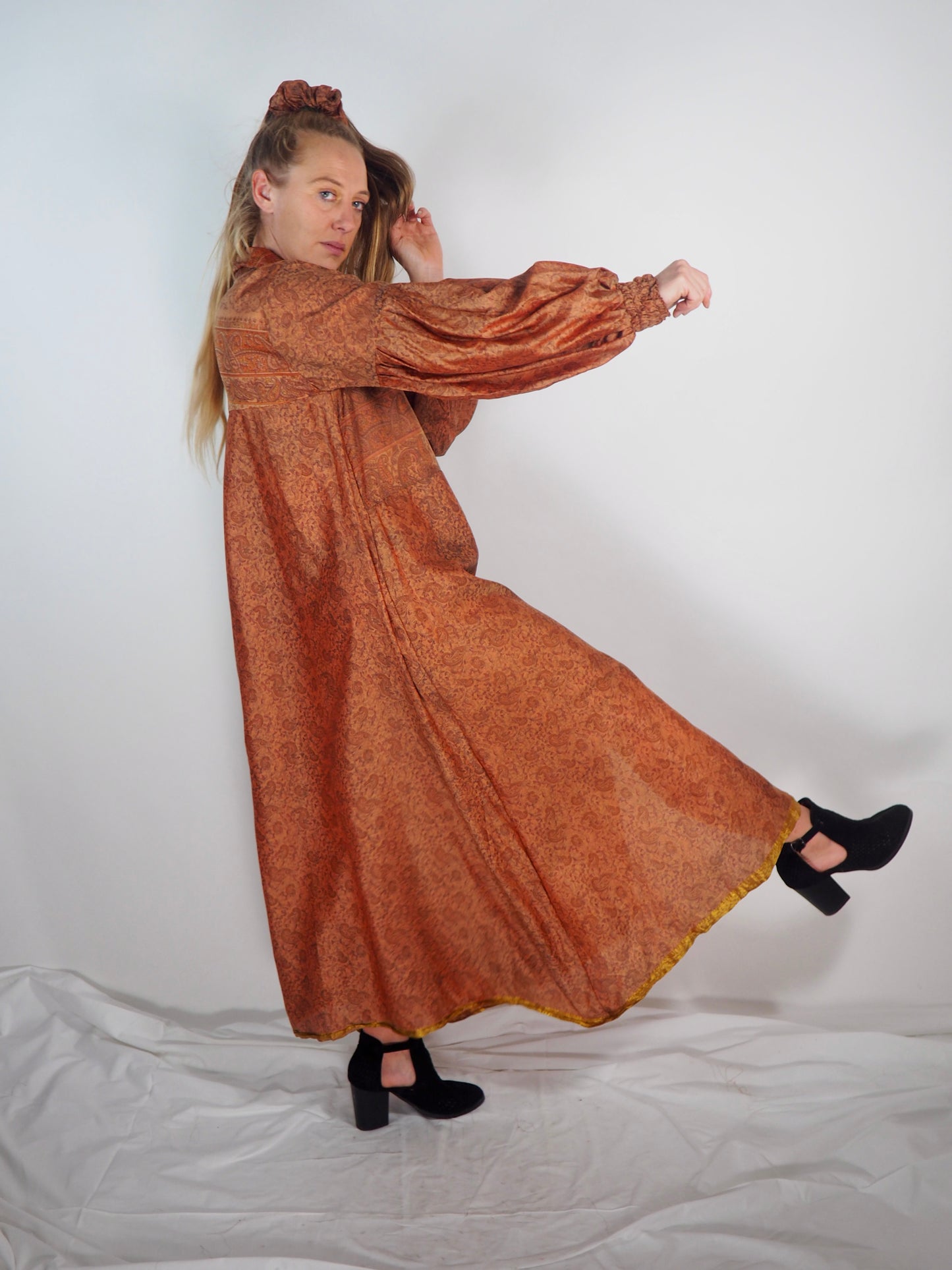 The Lenya Up-cycled Vintage Sari Dress – Sustainable Boho Dress with Oversized Sleeves Matching Scrunchy & Storage Bag