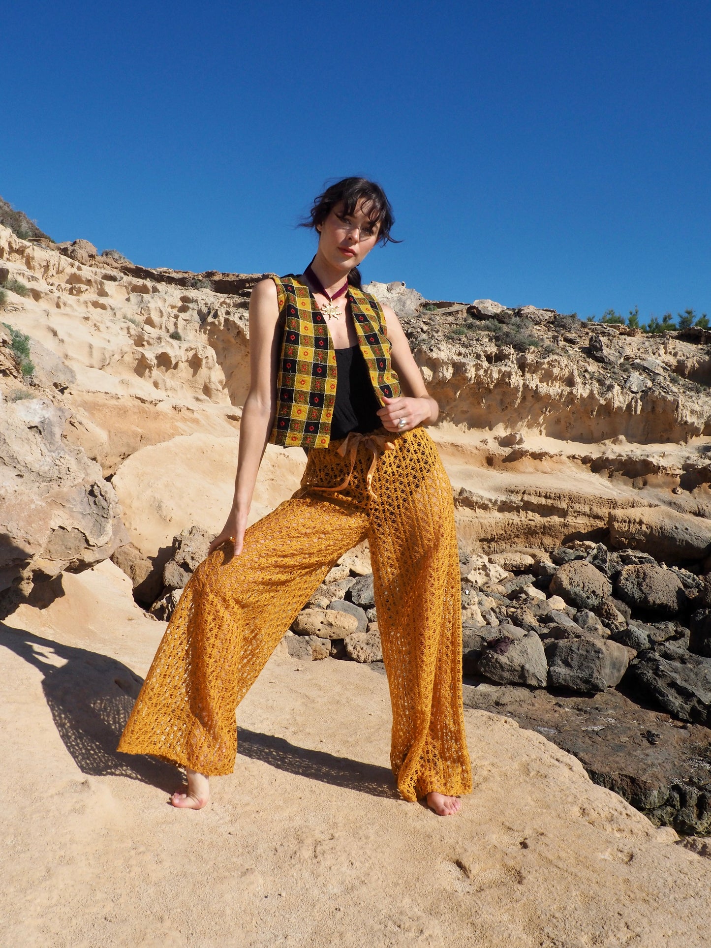 Up-cycled Mustard Yellow Wide-Leg Pants made from machine crochet textiles by Vagabond Ibiza