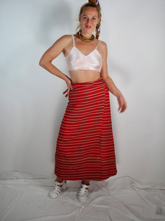 Vintage 1970s Cotton Woven Wrap Skirt – Red & Pink Striped