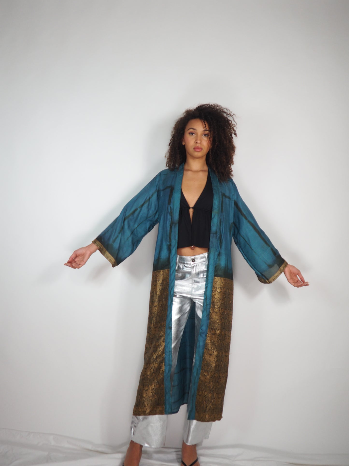 The Kardash Long Kimono – Up-cycled Vintage Sari long Kimono Robe with Waist Tie + Matching Scrunchy & Storage Bag