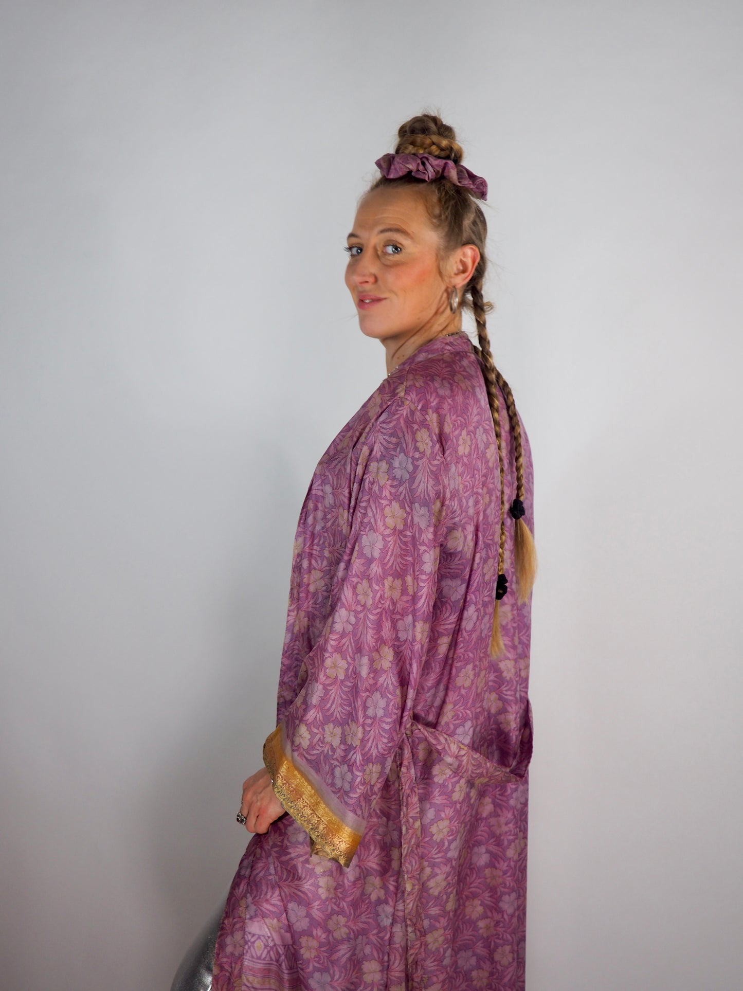 The Kardash Long Kimono – Up-cycled Vintage Sari long Kimono Robe with Waist Tie + Matching Scrunchy & Storage Bag