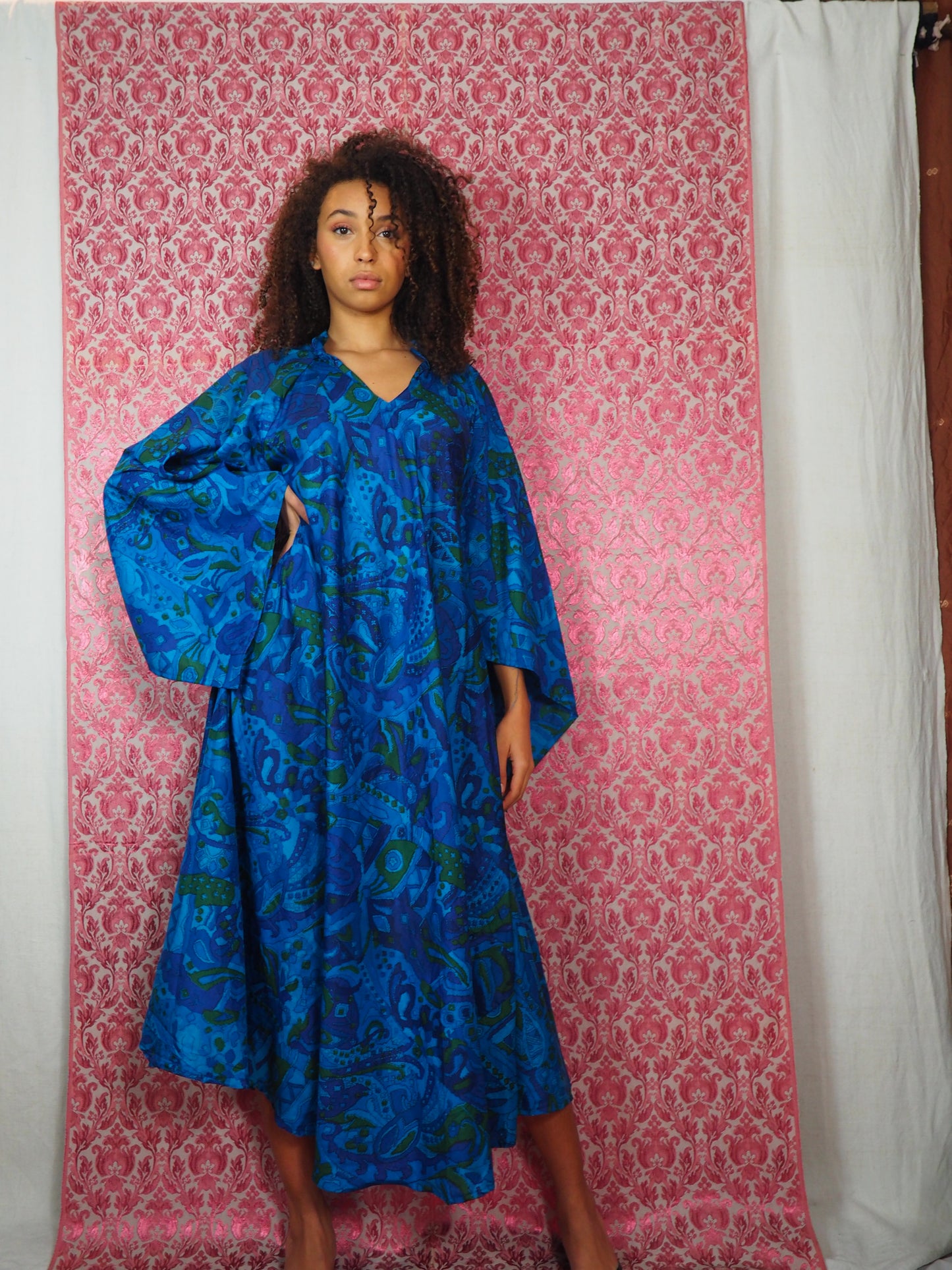 The Diamond Bias-Cut Maxi Dress – Up-cycled Vintage Sari Sustainable Dress with angel Sleeves + Matching Scrunchy & Bag