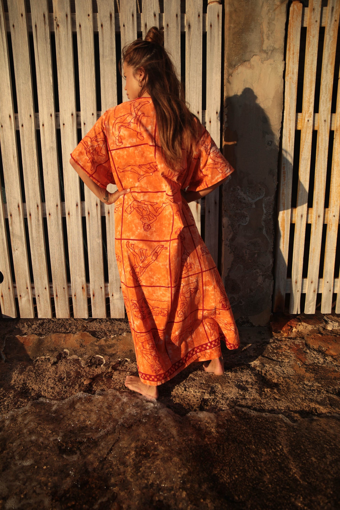 Up-cycled vintage cotton 3 piece set top and pants and mid length kimono cover up with printed karma sutra design in bright orange