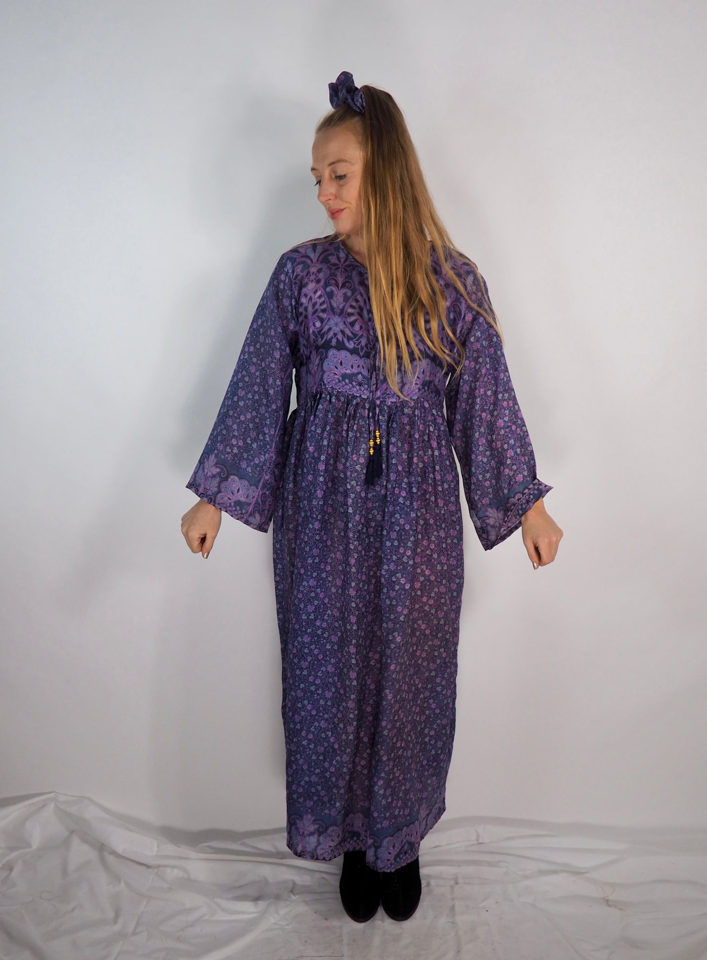 The Vadella Up-cycled Vintage Re-cycled Sari Maxi Dress – Sustainable Boho Dress with Tie Neck Detail + Matching Scrunchy & Bag