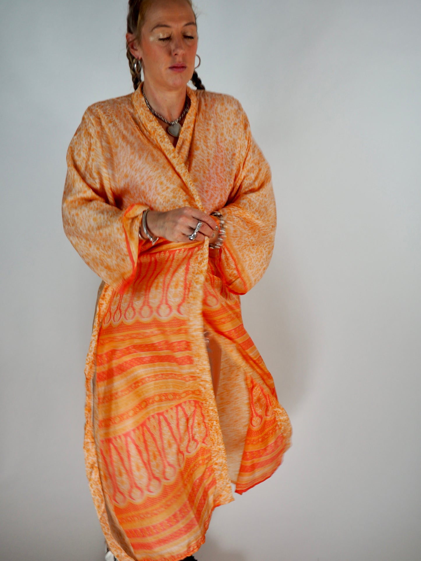 The Kardash Long Kimono – Up-cycled Vintage Sari long Kimono Robe with Waist Tie + Matching Scrunchy & Storage Bag