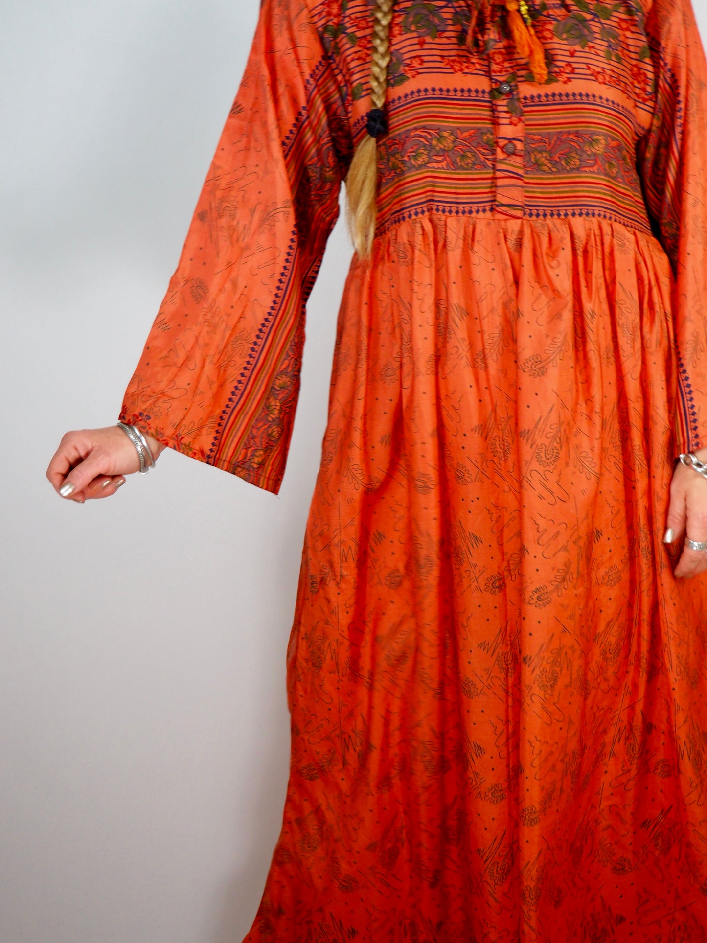 The Vadella Up-cycled Vintage Re-cycled Sari Maxi Dress – Sustainable Boho Dress with Tie Neck Detail + Matching Scrunchy & Bag