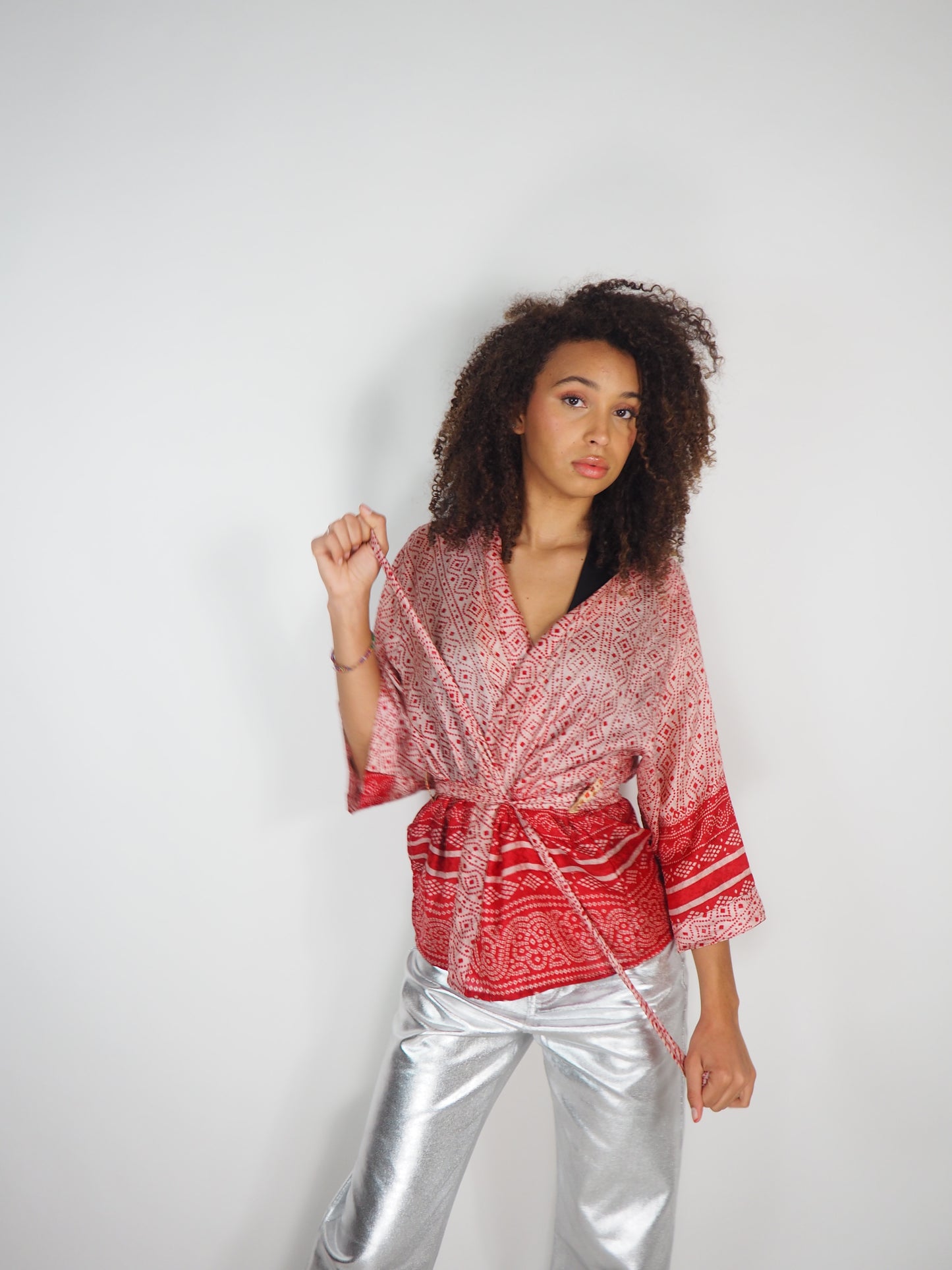 The Kardash Short Kimono – Vintage Re-cycled Sari Kimono Jacket with Waist Tie + Matching Scrunchy & Storage Bag