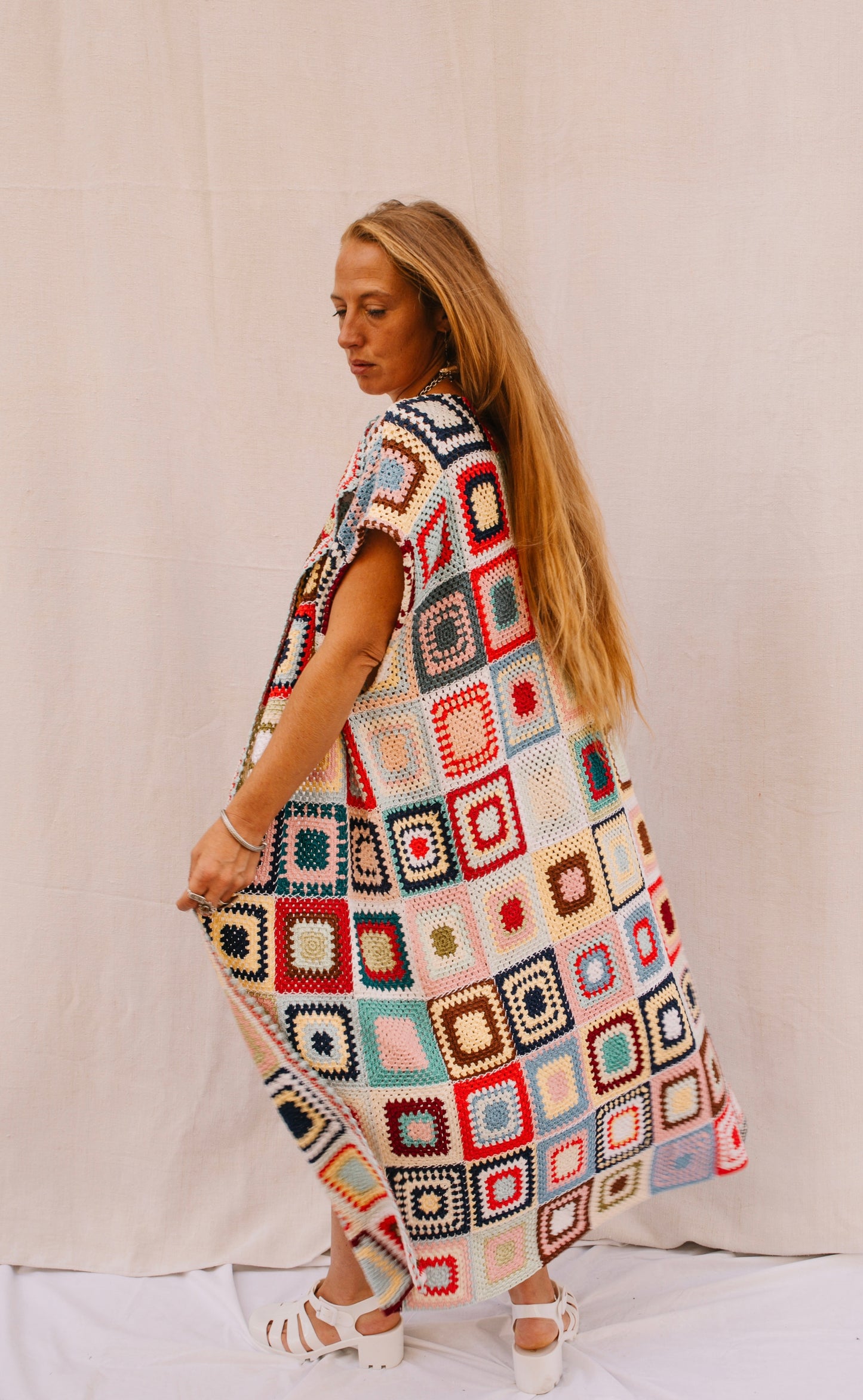 Vintage 1970s Granny Square Crochet blanket jacket waistcoat up-cycled by Vagabond Ibiza