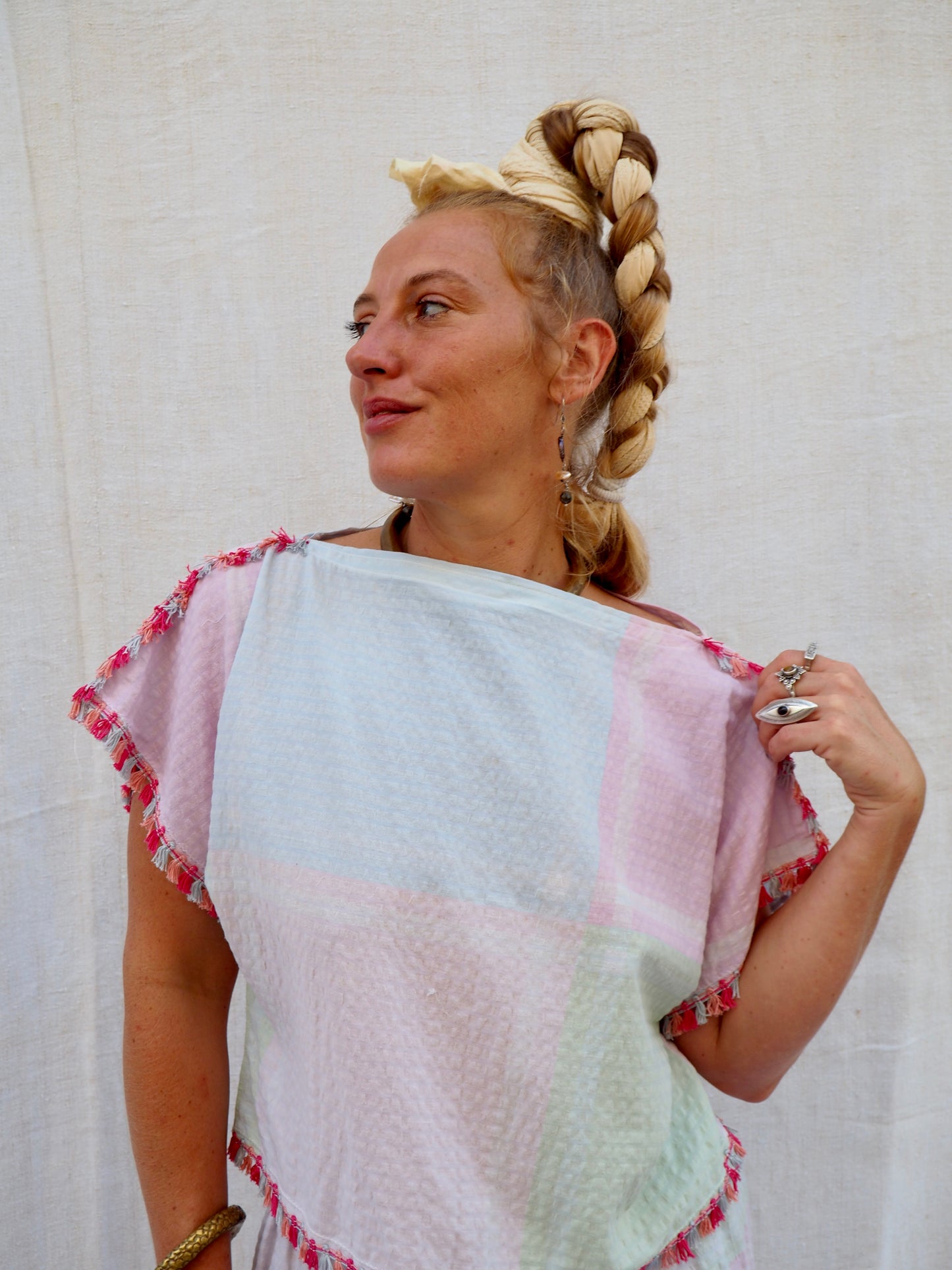 Up-cycled Vintage Cotton Two-Piece Set with Pom-Pom Trim – Handmade by Vagabond Ibiza