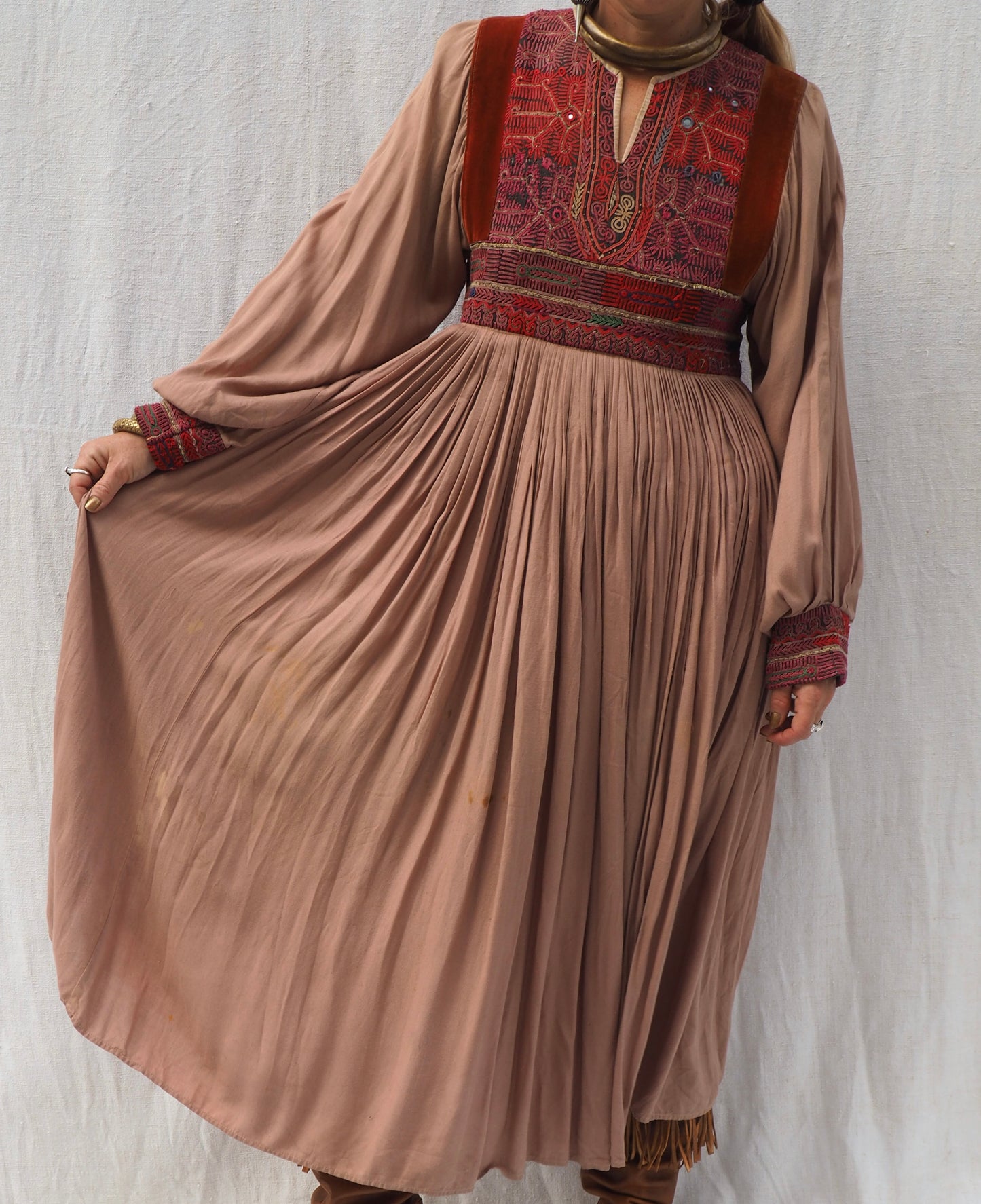 Vintage 1970s Afghan Dress with Hand Embroidery and Suede Panels