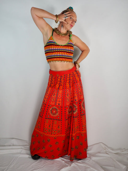 Vintage 1970s Indian Cotton Wrap Skirt with Sunburst Print