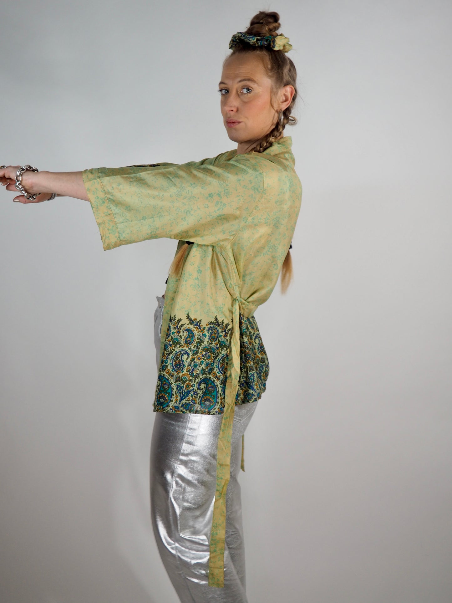 The Kardash Short Kimono – Vintage Re-cycled Sari Kimono Jacket with Waist Tie + Matching Scrunchy & Storage Bag