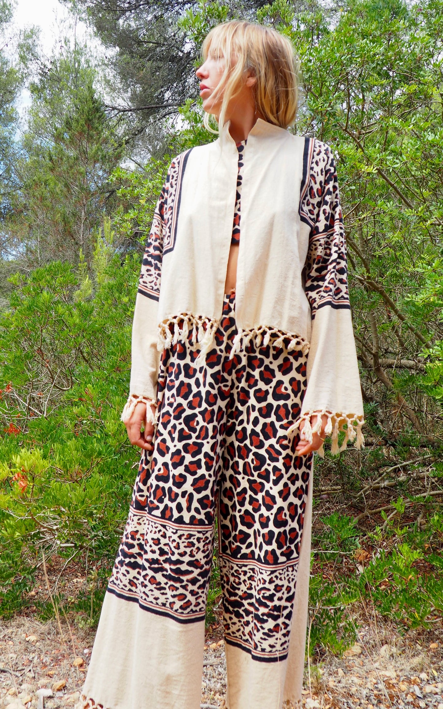 Up-cycled cotton black and cream animal print cropped jacket with tassels made by Vagabond Ibiza