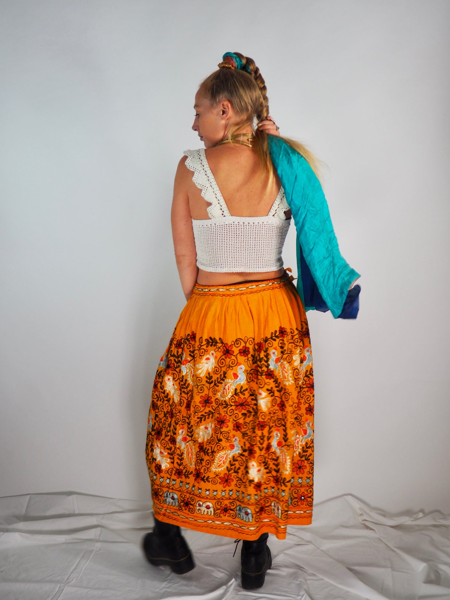 Vintage 1970s Indian Cotton Skirt with Intricate Machine Embroidery