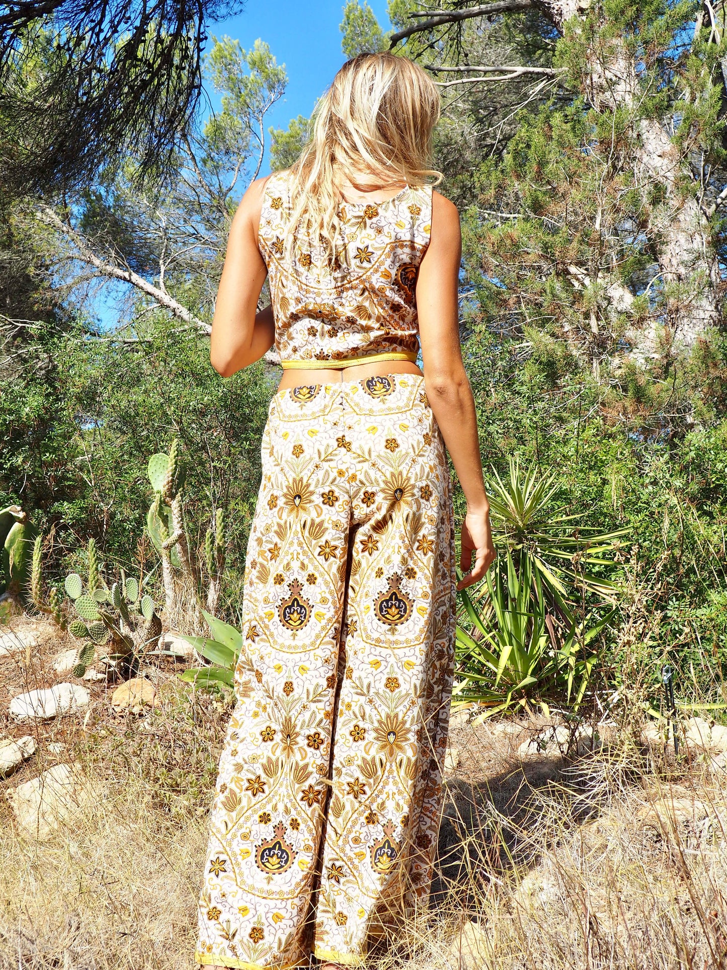 Up-cycled heavy cotton wide leg pants Cream yellow and  black floral printed textiles from france very nice quality by Vagabond Ibiza made