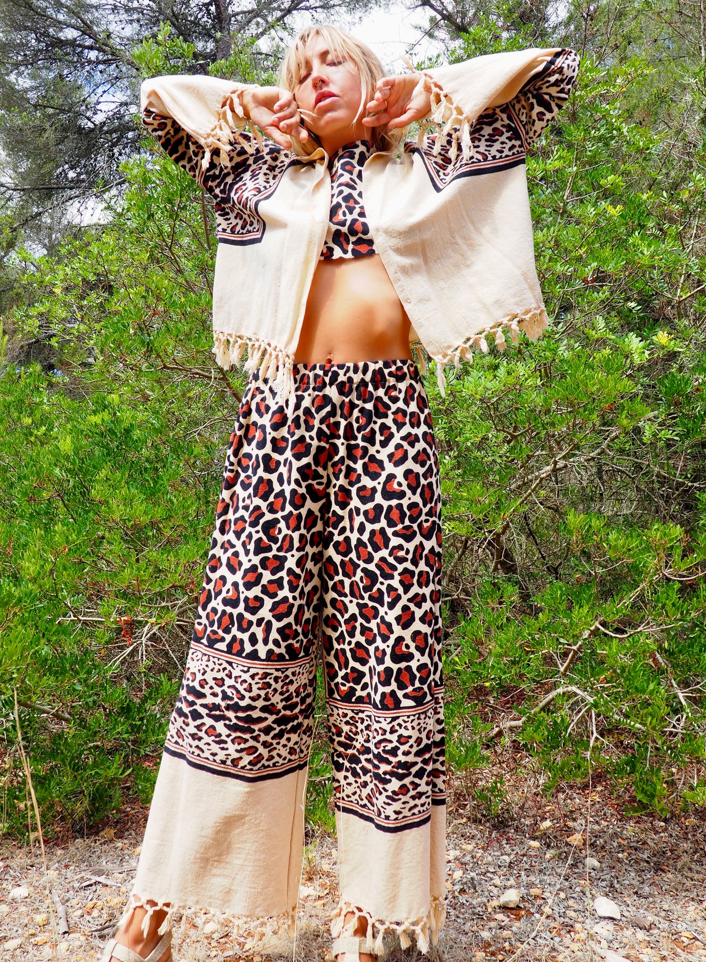 Up-cycled cotton black and cream animal print cropped jacket with tassels made by Vagabond Ibiza