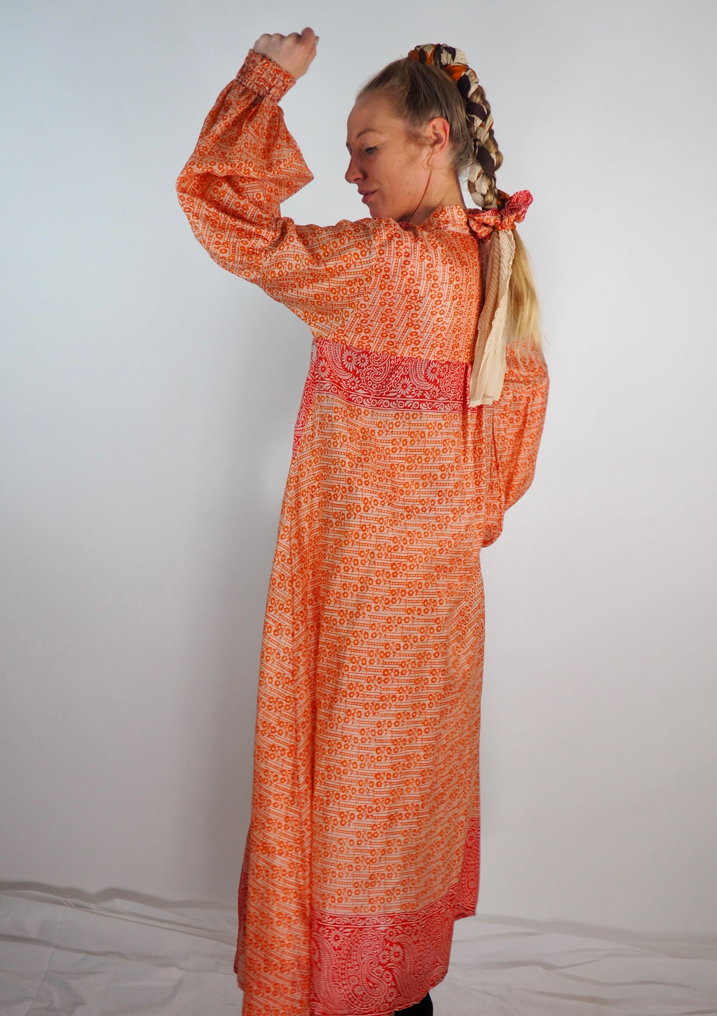 The Lenya Up-cycled Vintage Sari Dress – Sustainable Boho Dress with Oversized Sleeves Matching Scrunchy & Storage Bag