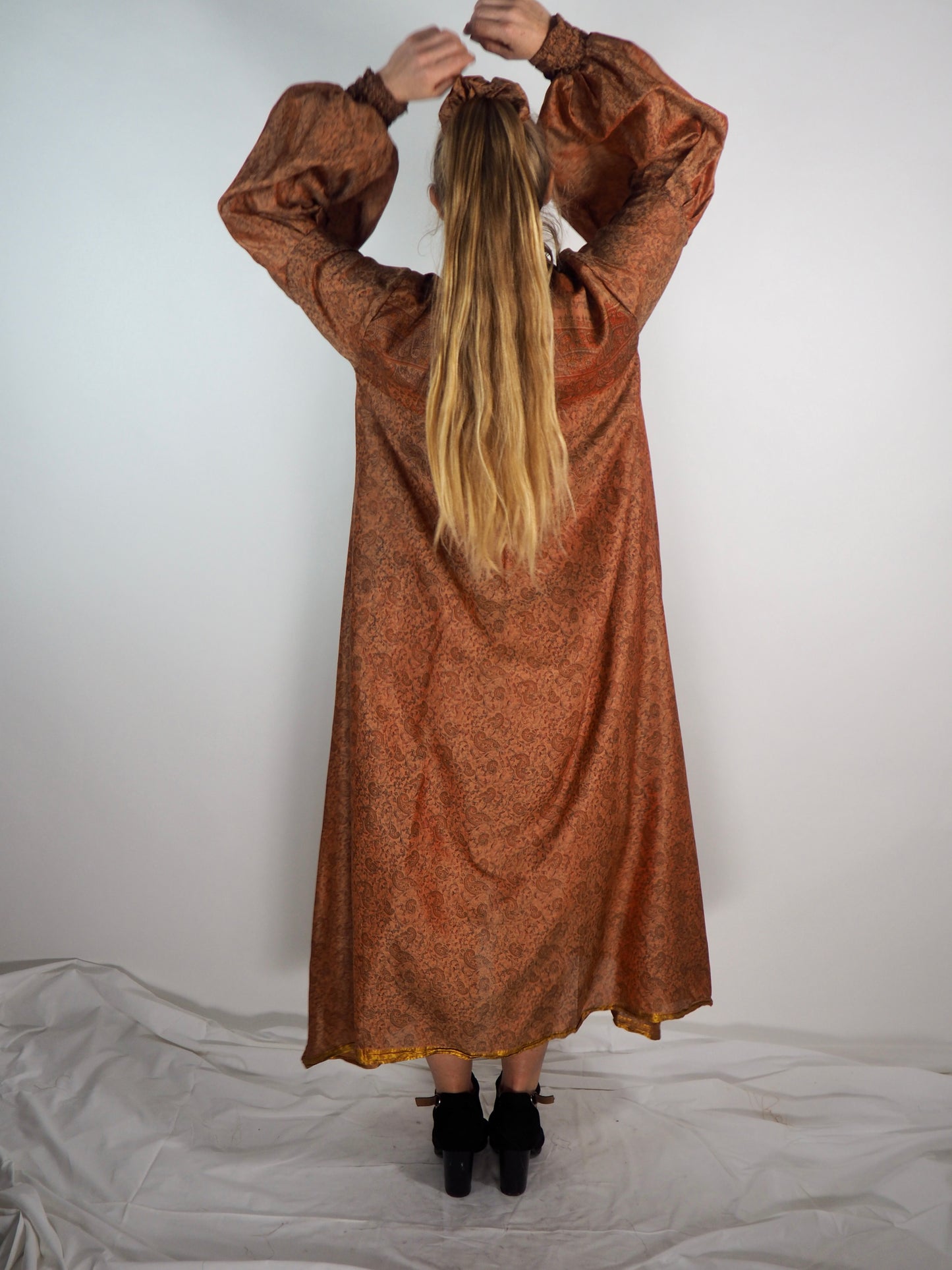 The Lenya Up-cycled Vintage Sari Dress – Sustainable Boho Dress with Oversized Sleeves Matching Scrunchy & Storage Bag