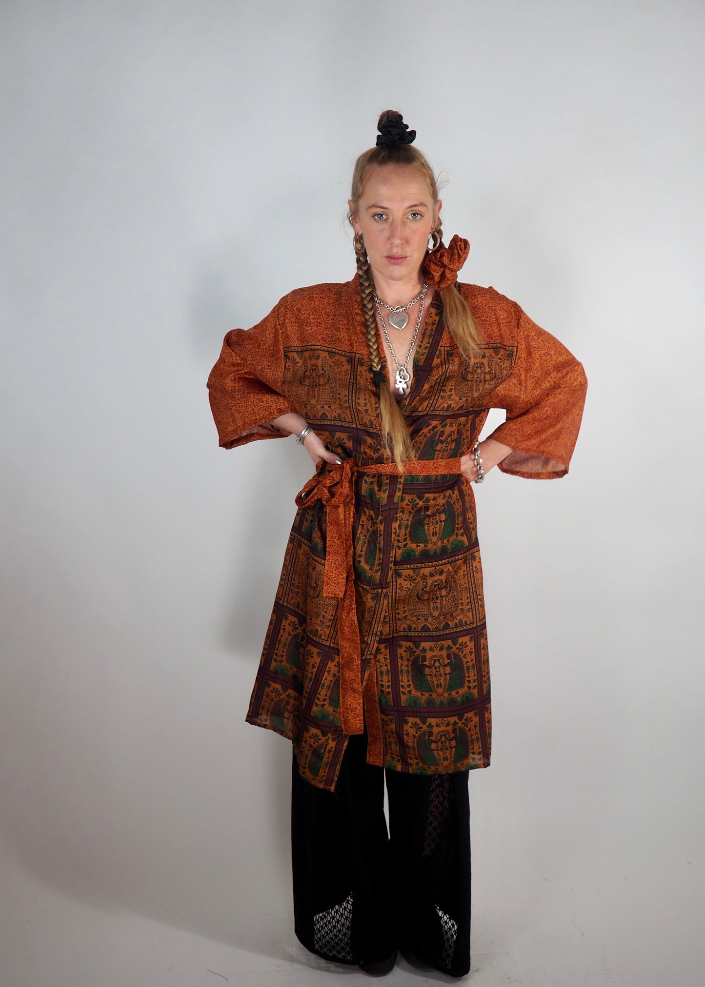 The Kardash Medium-Length Kimono – Up-cycled Vintage Sari Kimono Jacket with Waist Tie + Matching Scrunchy & Storage Bag