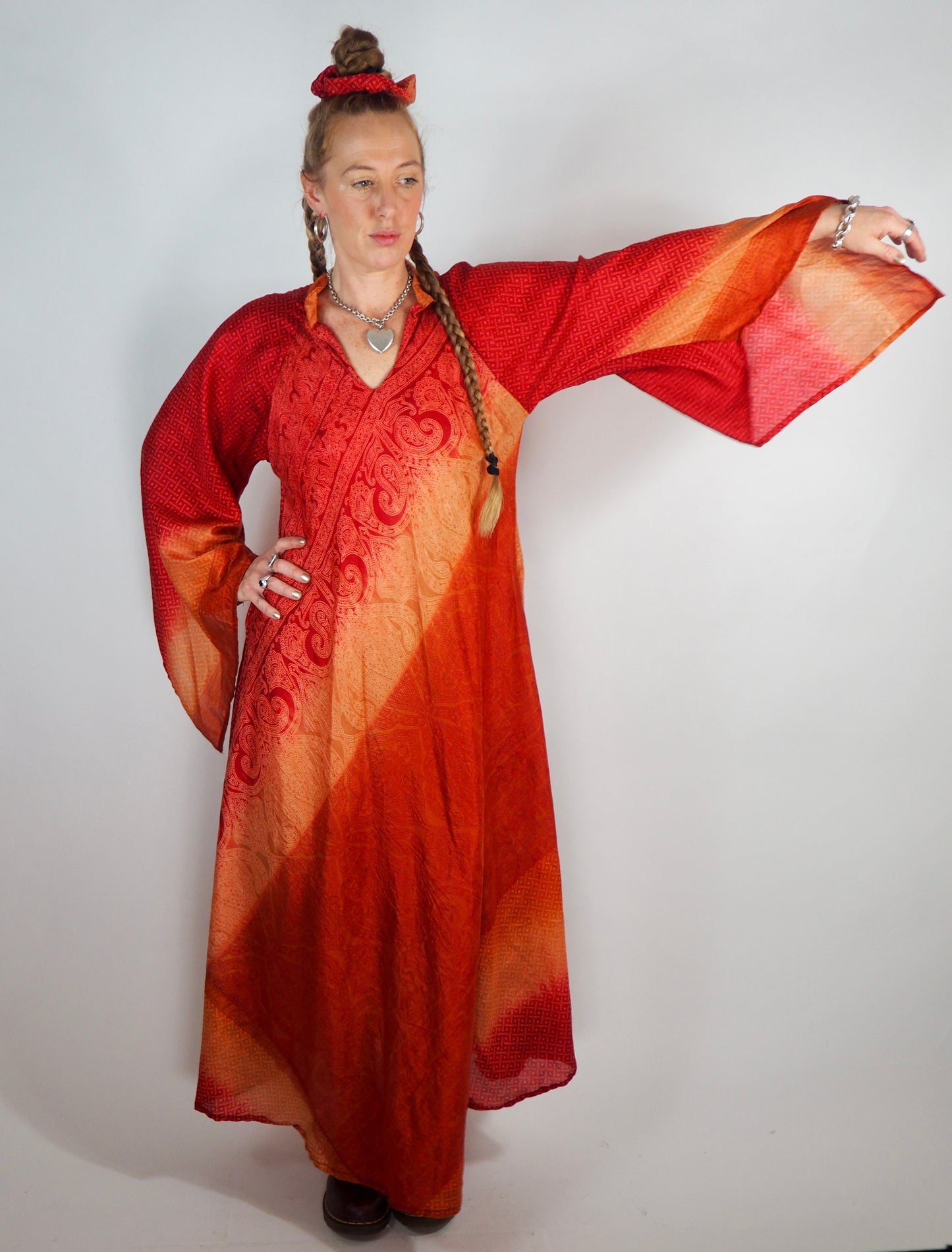 The Diamond Bias-Cut Maxi Dress – Up-cycled Vintage Sari Sustainable Dress with angel Sleeves + Matching Scrunchy & Bag