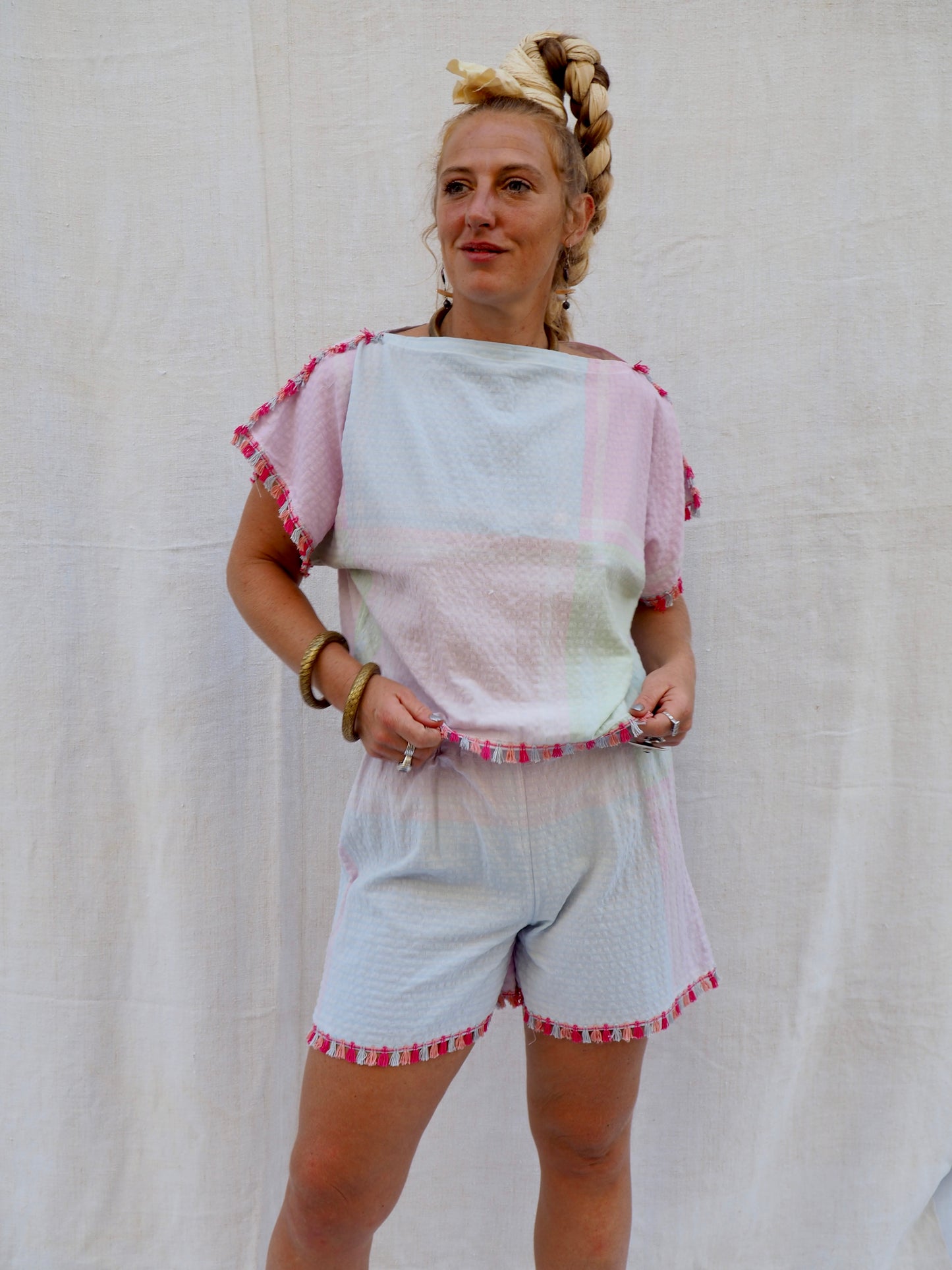 Up-cycled Vintage Cotton Two-Piece Set with Pom-Pom Trim – Handmade by Vagabond Ibiza