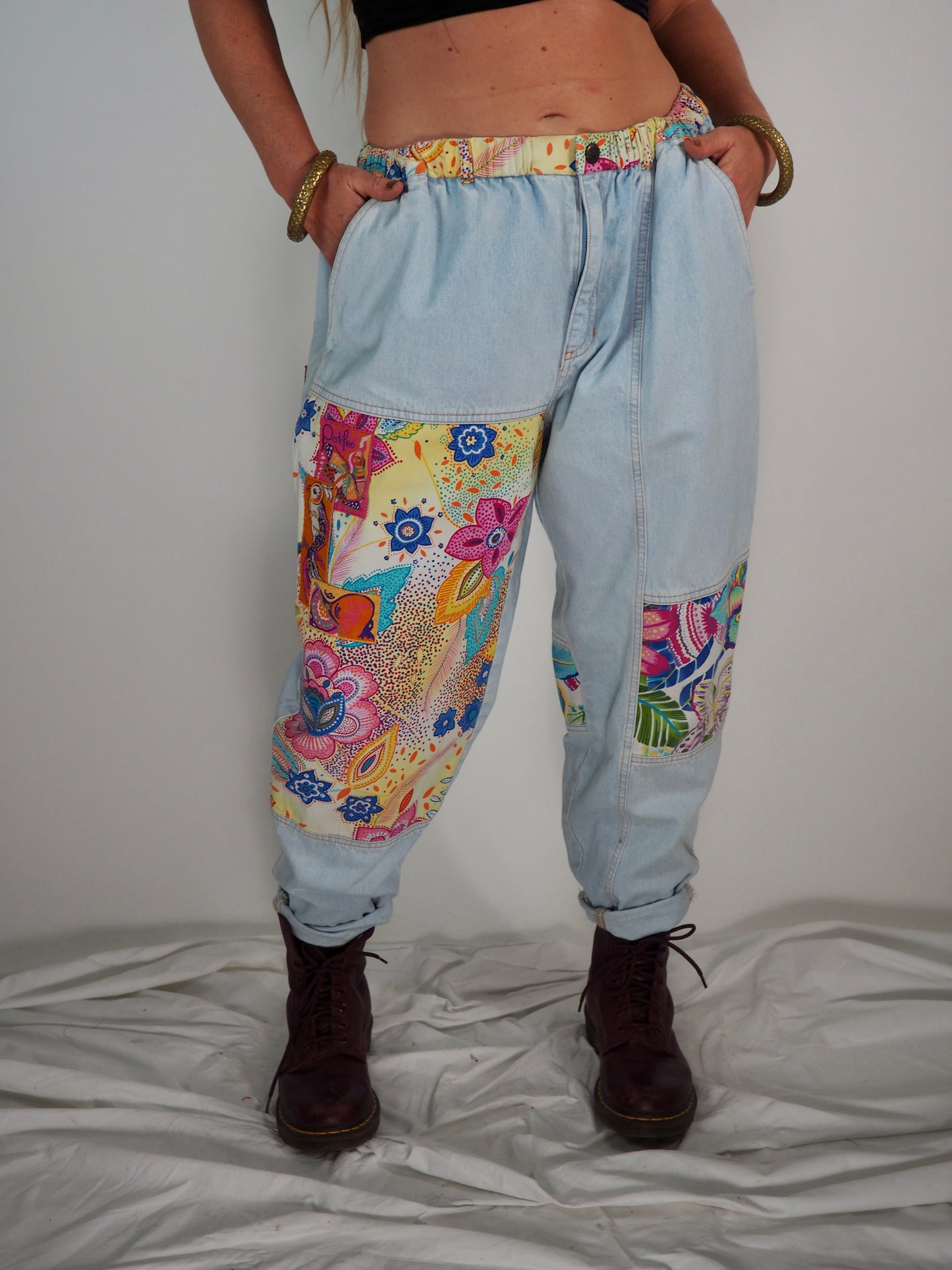 Vintage 1980s Denim Patchwork Pants a bold and playful statement piece