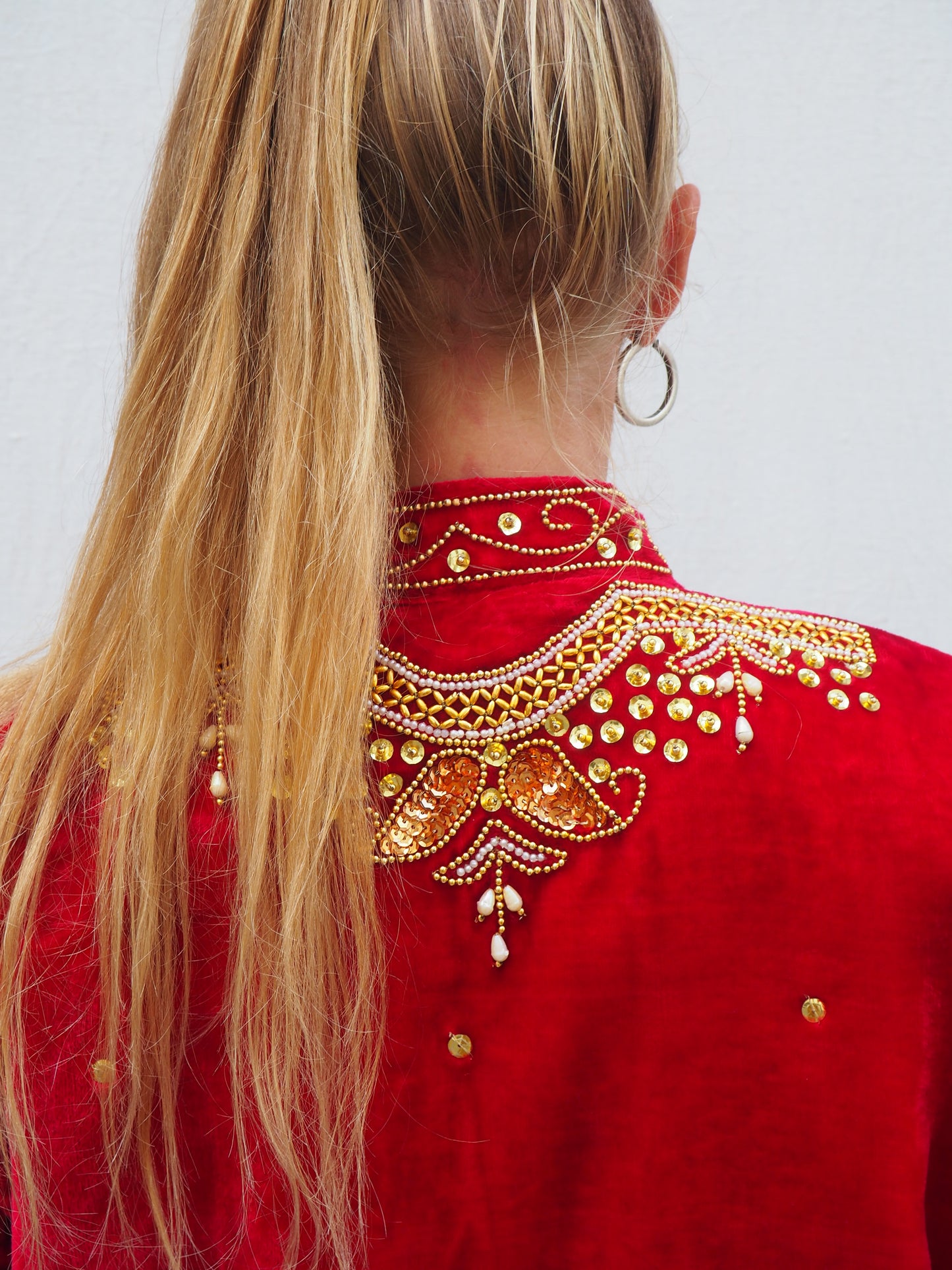 Vintage 1980s Red Velvet Jacket with Gold Sequin and Beaded Detailing