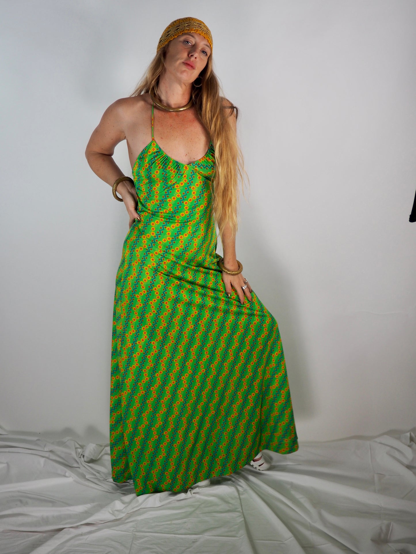 1970s Vintage Maxi Dress - Psychedelic Green Print